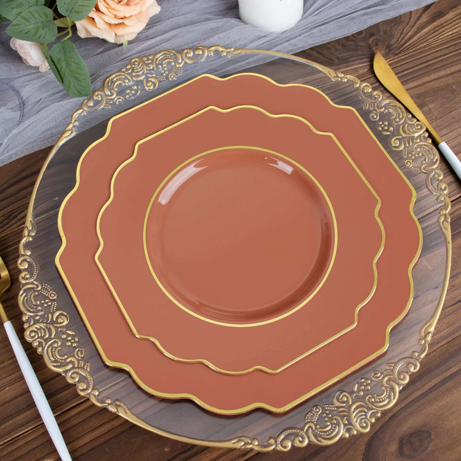 10-Pack Plastic Dinner Plates in Terracotta (Rust) Baroque Design with Scalloped Gold Rim - Heavy Duty Disposable Party Plates 11