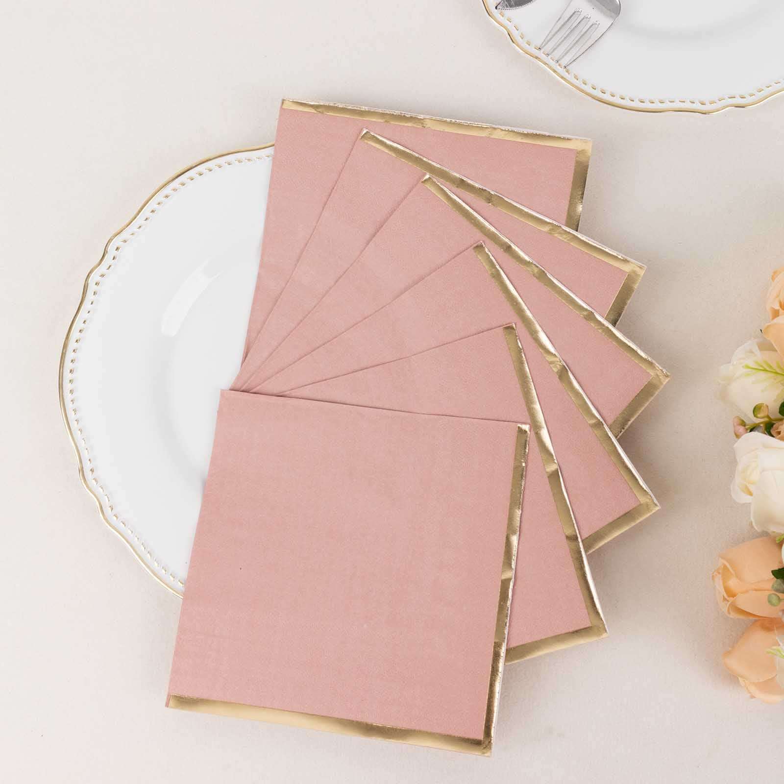 50-Pack Paper Beverage Napkins with Gold Foil Edge Dusty Rose - Disposable 2 Ply Cocktail Napkins for Events 6.5x6.5