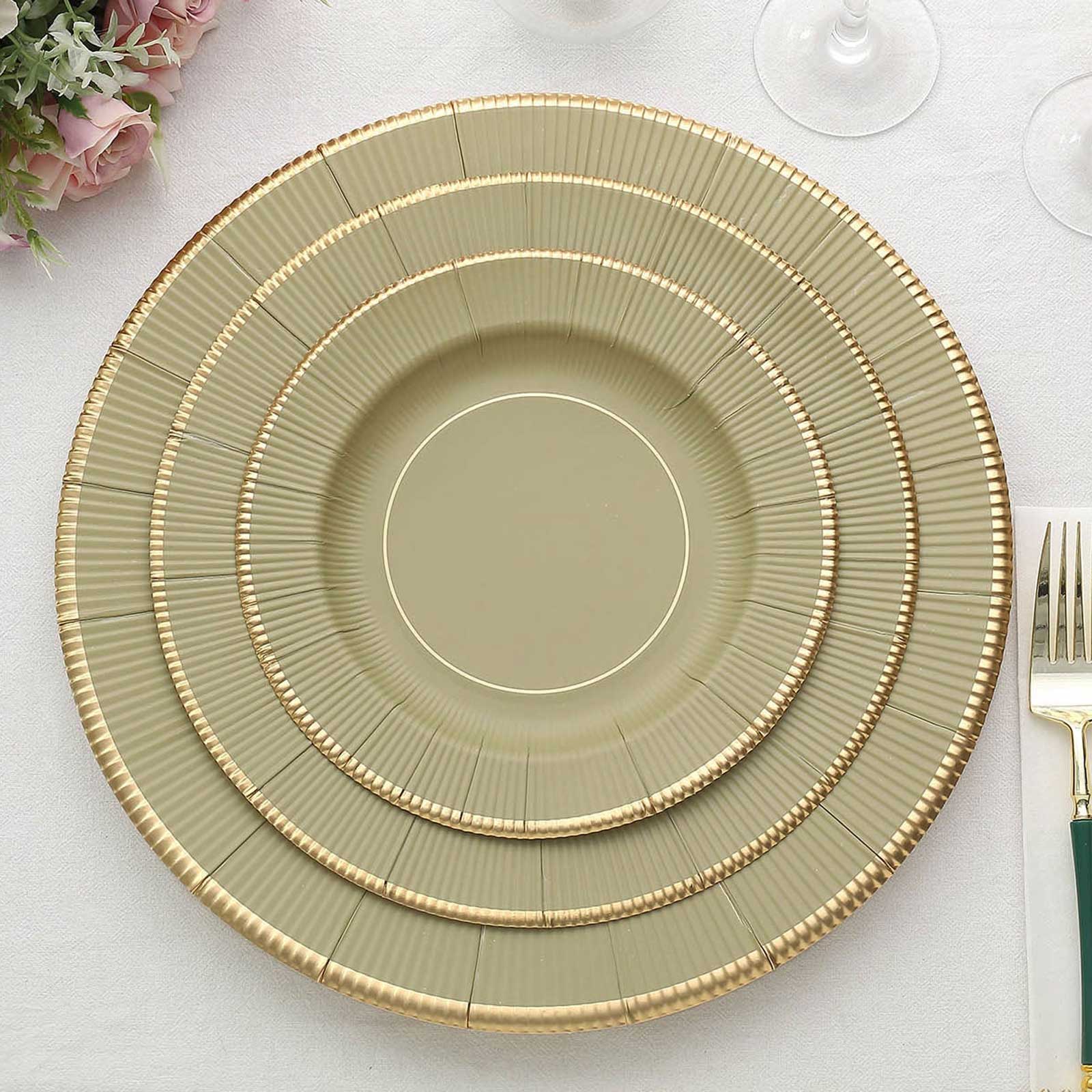 25-Pack Paper 8 Round Dessert Plates in Khaki Sunray Design with Gold Rim - Disposable Heavy Duty 350GSM Appetizer Salad Plates