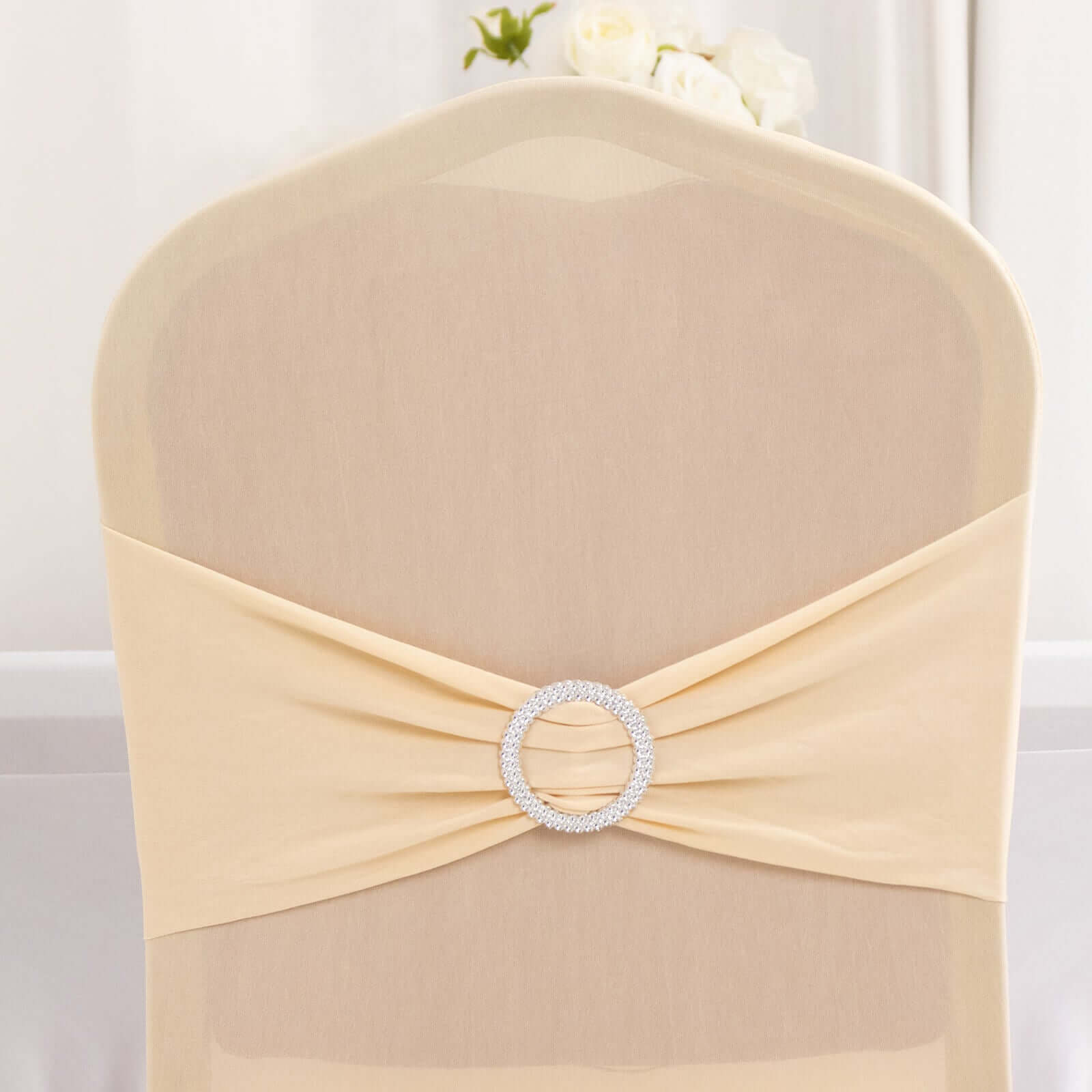 Spandex Chair Cover with Beige Rhinestone Buckled Sash Band Blush - Stretch Fitted Slipcover