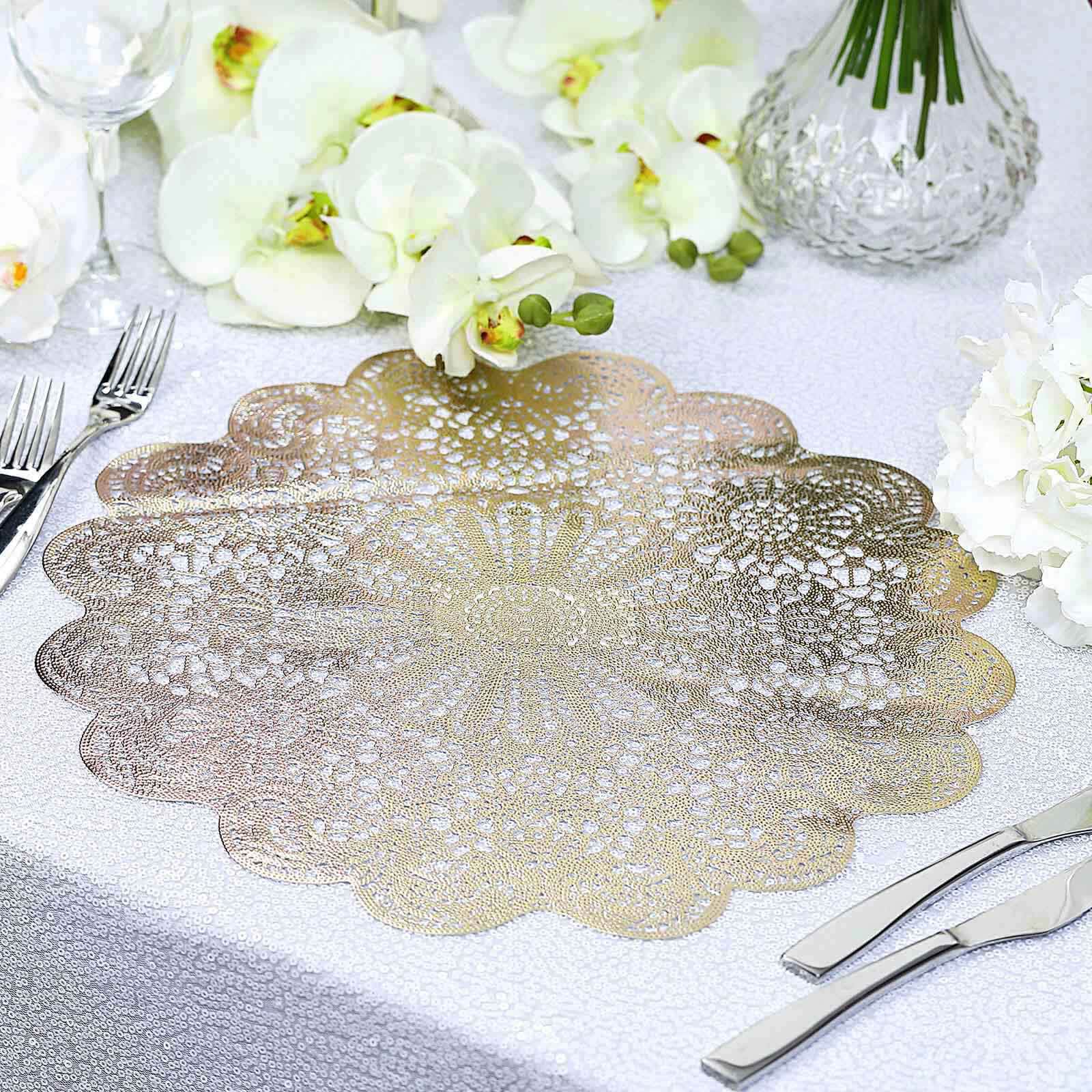 6-Pack Dining Table Mats Floral Lace Design Gold - Vinyl Non-Slip Surface with Vintage Appeal 15