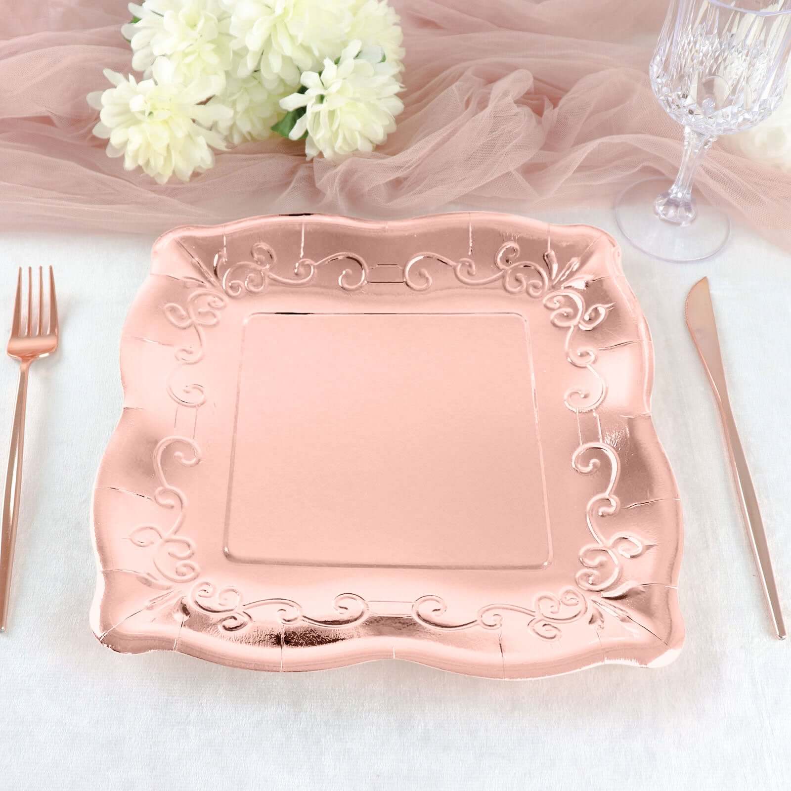 25-Pack Paper 11 Square Dinner Plates in Blush Rose Gold with Vintage Pottery Embossed Design - Shiny Metallic Disposable Serving Plates