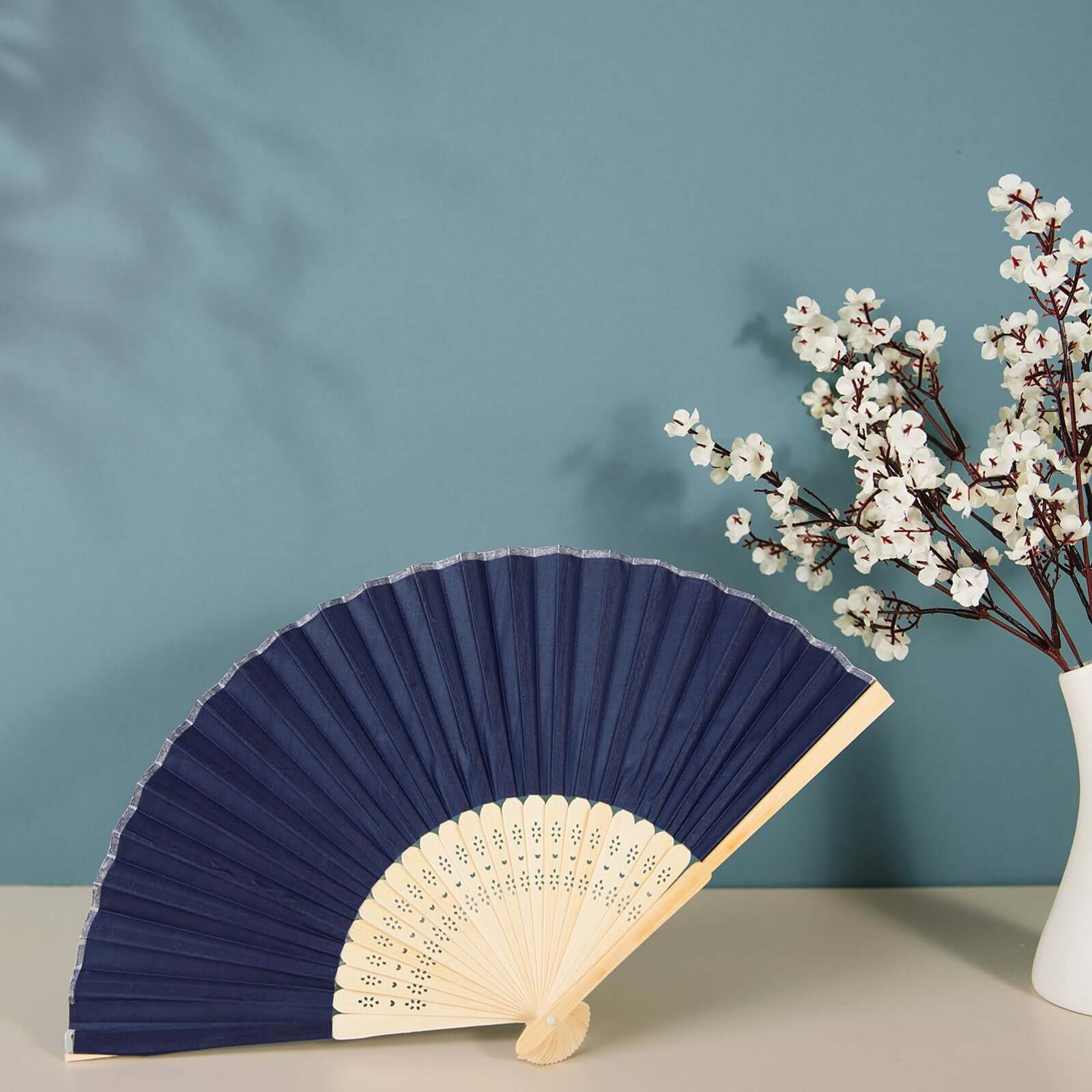 5 Pack Navy Blue Asian Silk Folding Fans Party Favors, Oriental Folding Fan Favors