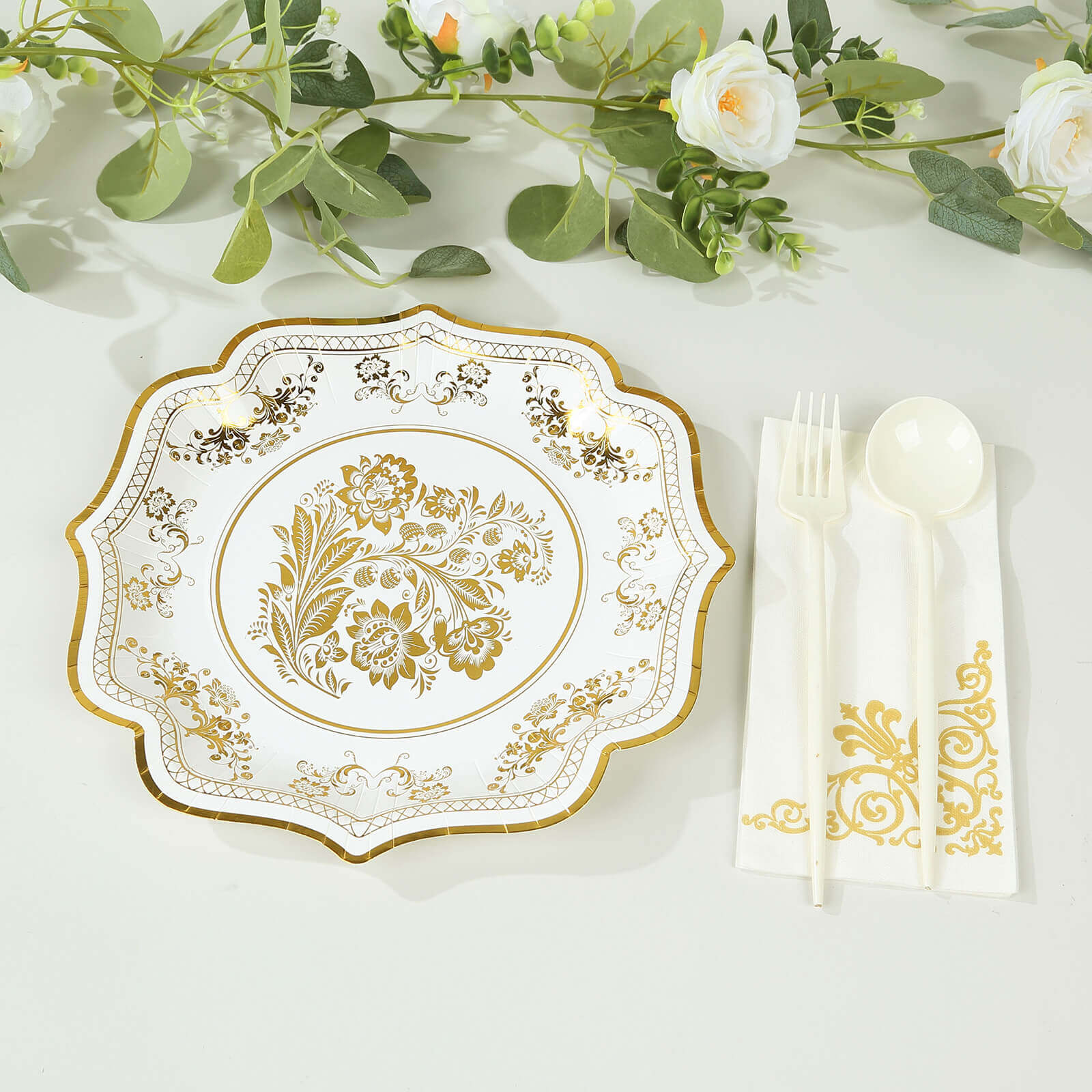 25-Pack Paper Dinner Plates in White with Gold French Toile Print & Scallop Rim - Stylish Disposable 300GSM Floral Party Plates for Weddings & Events 10