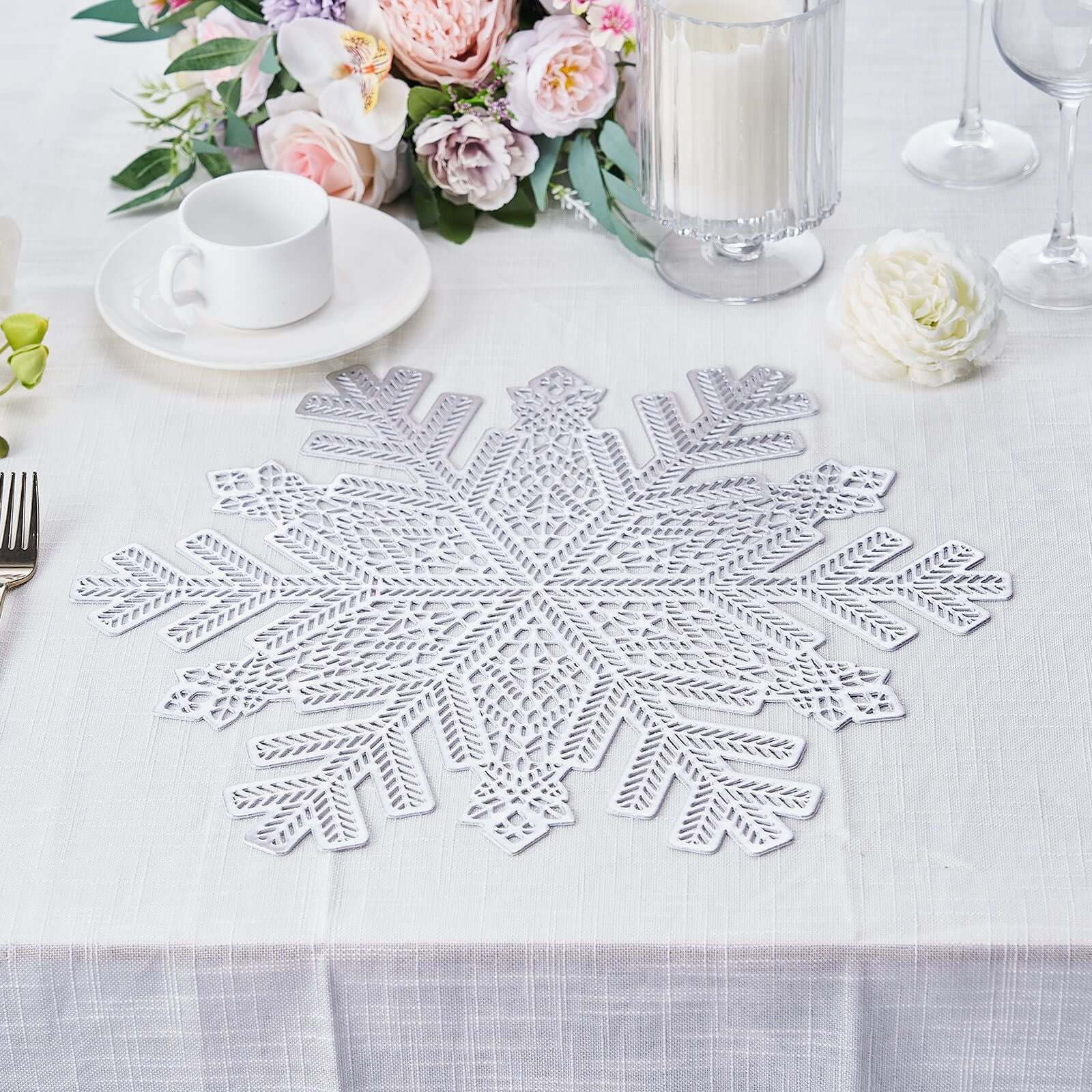 6-Pack Dining Table Mats Snowflake Design Silver - Vinyl Non-Slip Surface for Winter Decor 18