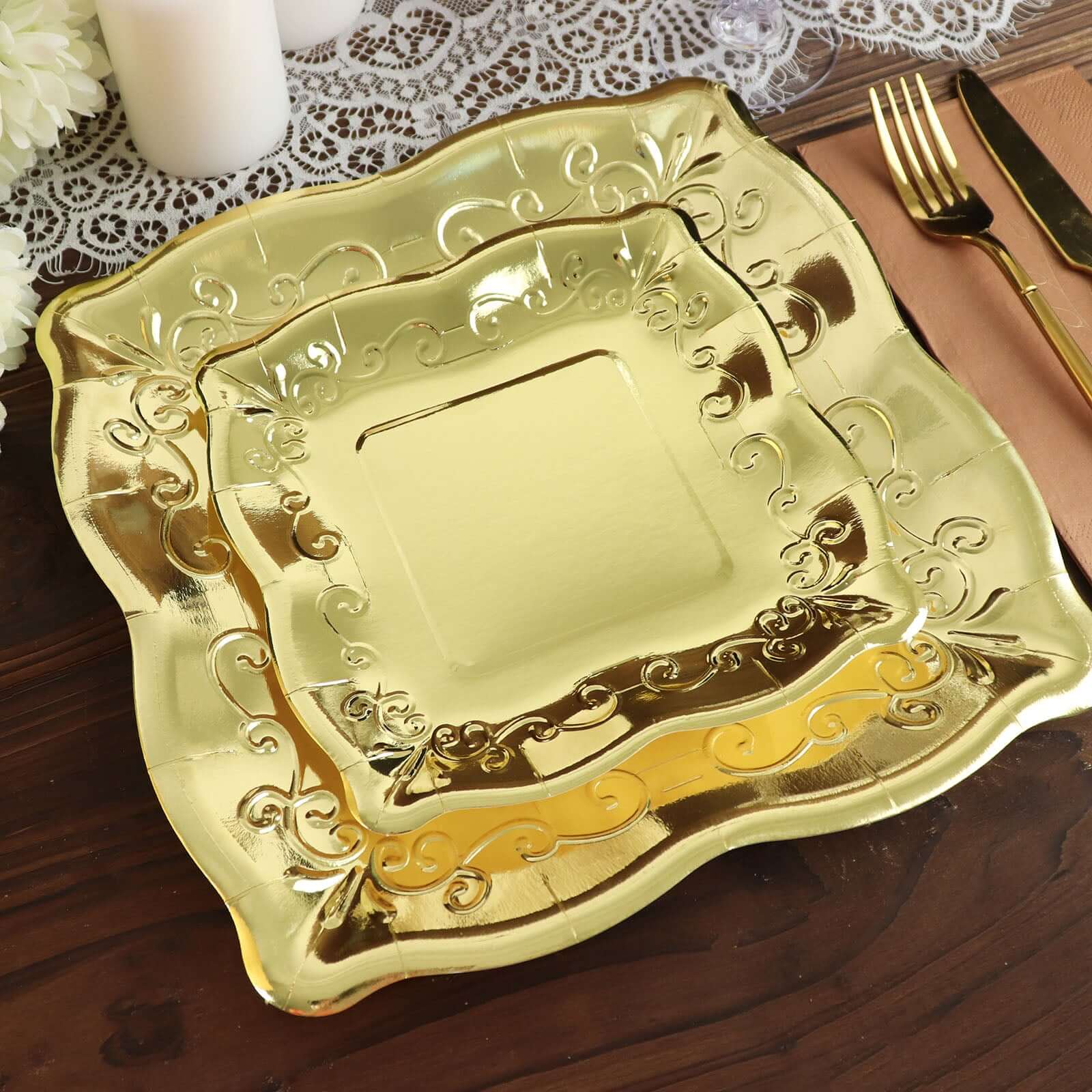 25-Pack Paper 11 Square Dinner Plates in Gold with Vintage Pottery Embossed Design - Shiny Metallic Disposable Serving Plates for Glamorous Dinners & Events