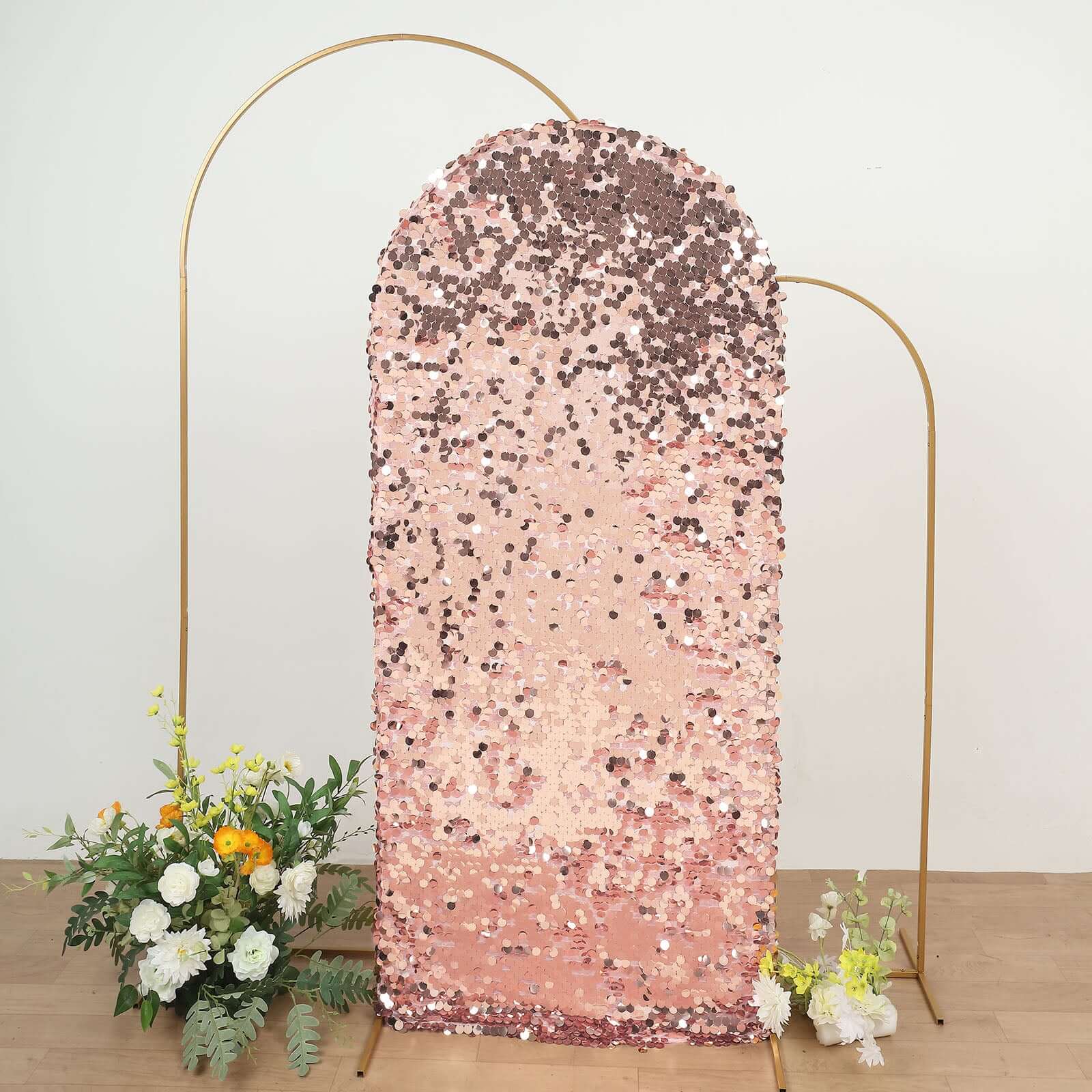 6ft Sparkly Rose Gold Double Sided Big Payette Sequin Chiara Backdrop Stand Cover For Fitted Round Top Wedding Arch