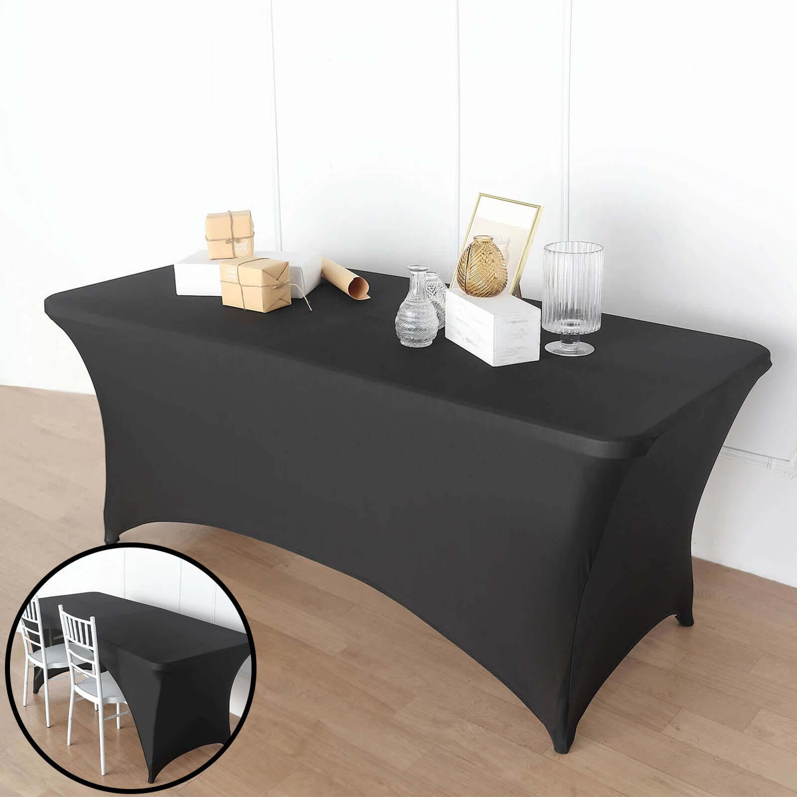 Stretch Spandex 72x30 Rectangular Table Cover Black with Curved Open Back Design Tailored Professional Look