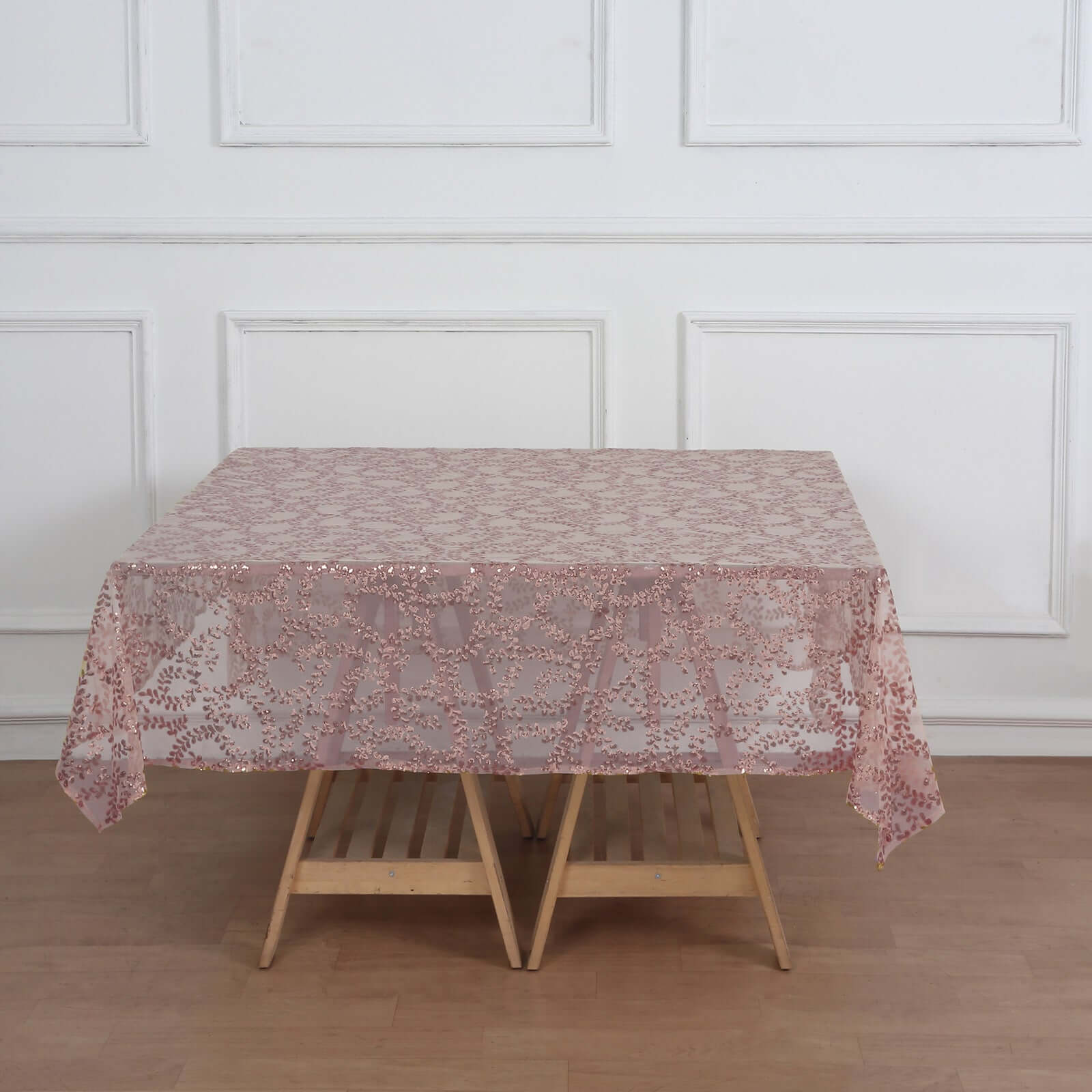 Tulle 72x72 Table Overlay Square Tablecloth Rose Gold - Sequin Leaf Embroidered Table Topper