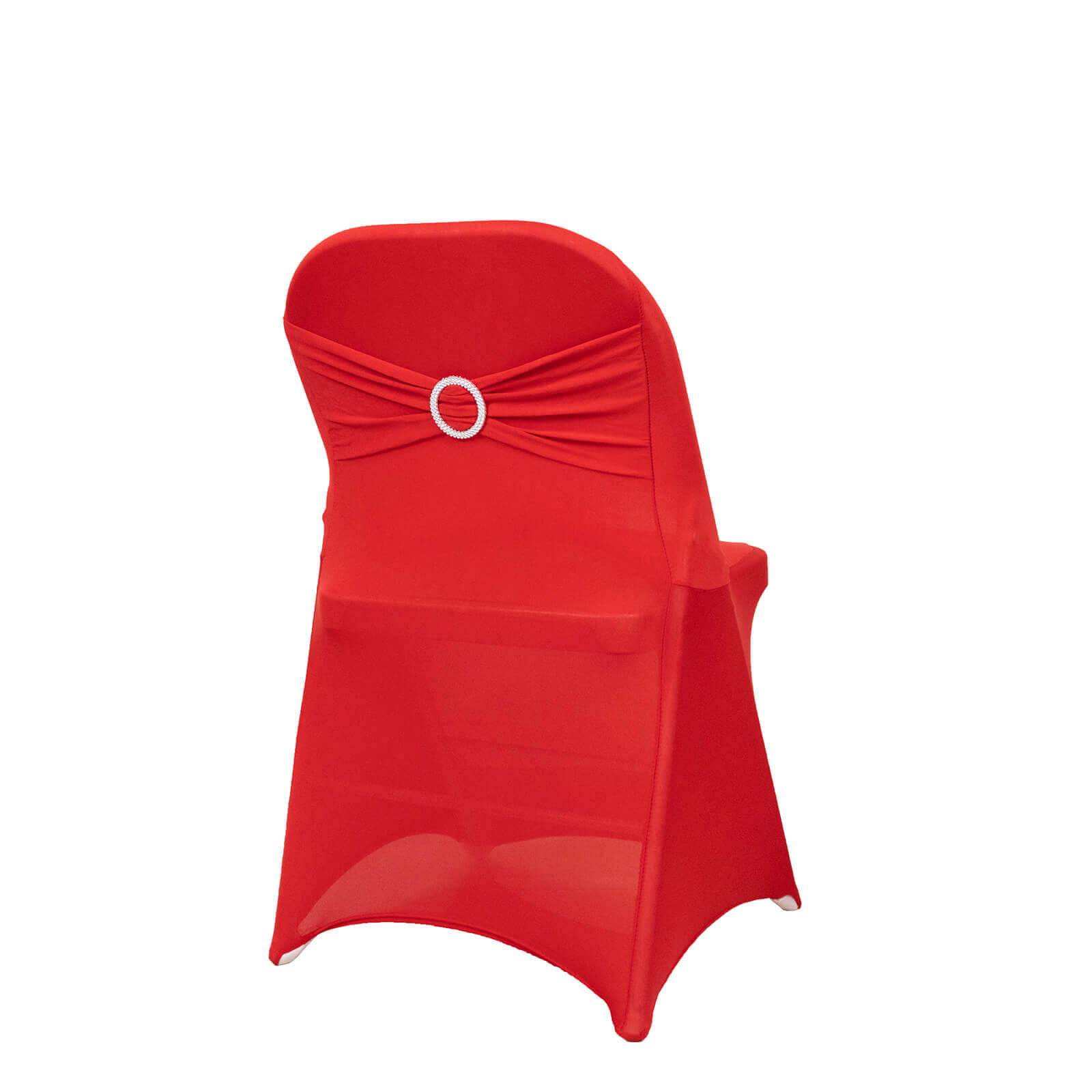 Stretch Spandex Chair Cover Red for Folding Chairs - Secure Fit Slipcover with Silver Rhinestone Buckled Sash Band