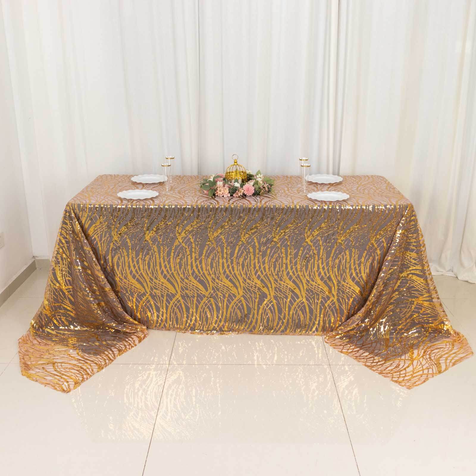 Mesh 90x156 Rectangle Tablecloth Rose Gold/Gold - Wave Sequin Embroidered Table Cover