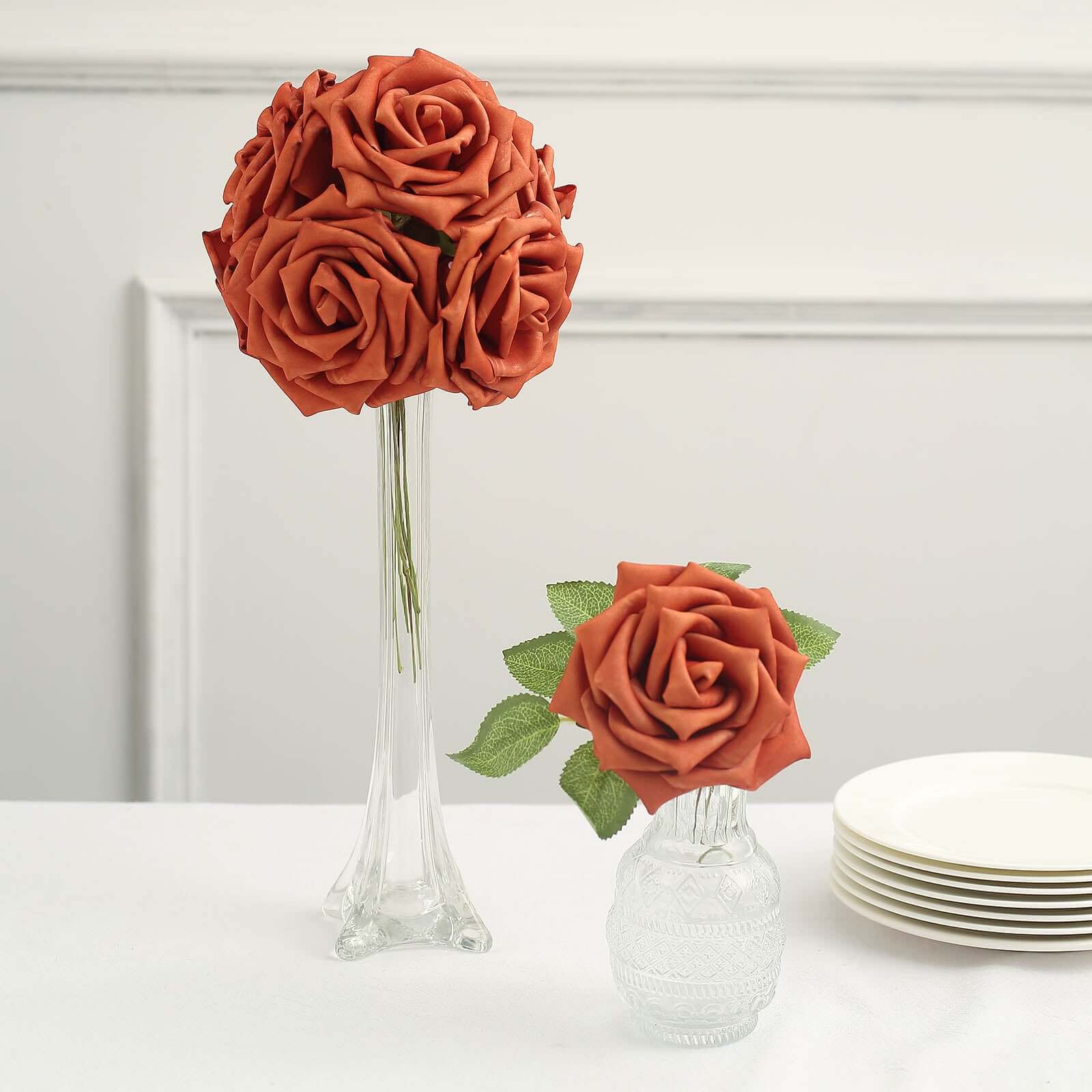 24 Roses 5 Terracotta (Rust) Artificial Foam Flowers With Stem Wire and Leaves