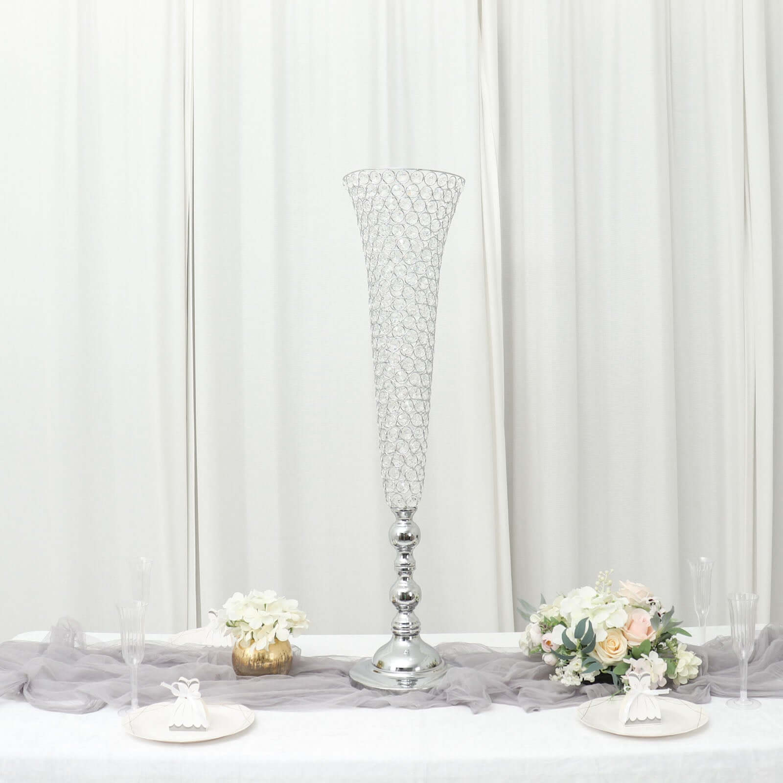 2-Pack Crystal Beaded Trumpet Vase Set Silver - Table Centerpiece for Grand Occasions 40