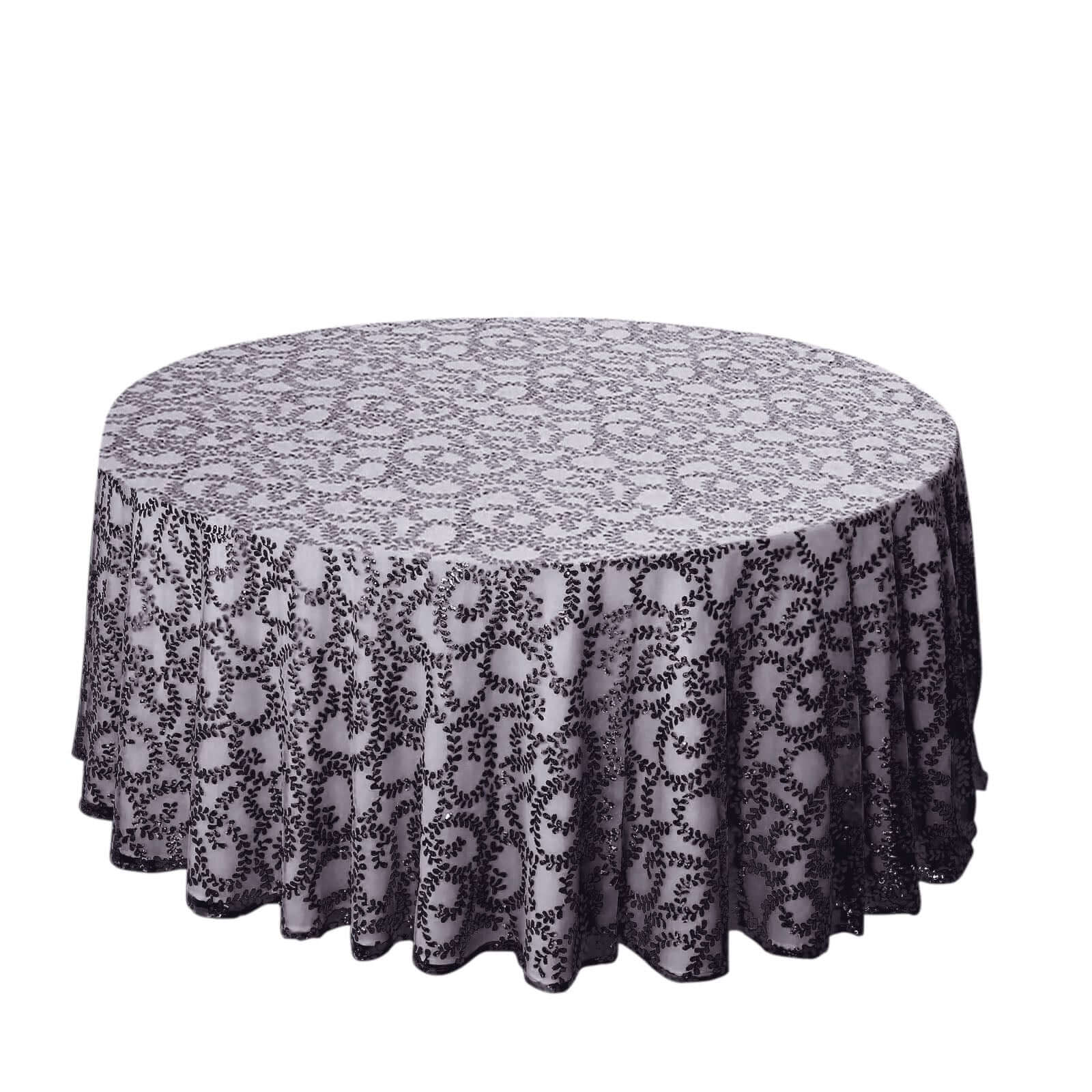 Tulle 120 Round Tablecloth Black - Seamless Sequin Leaf Embroidered Table Cover