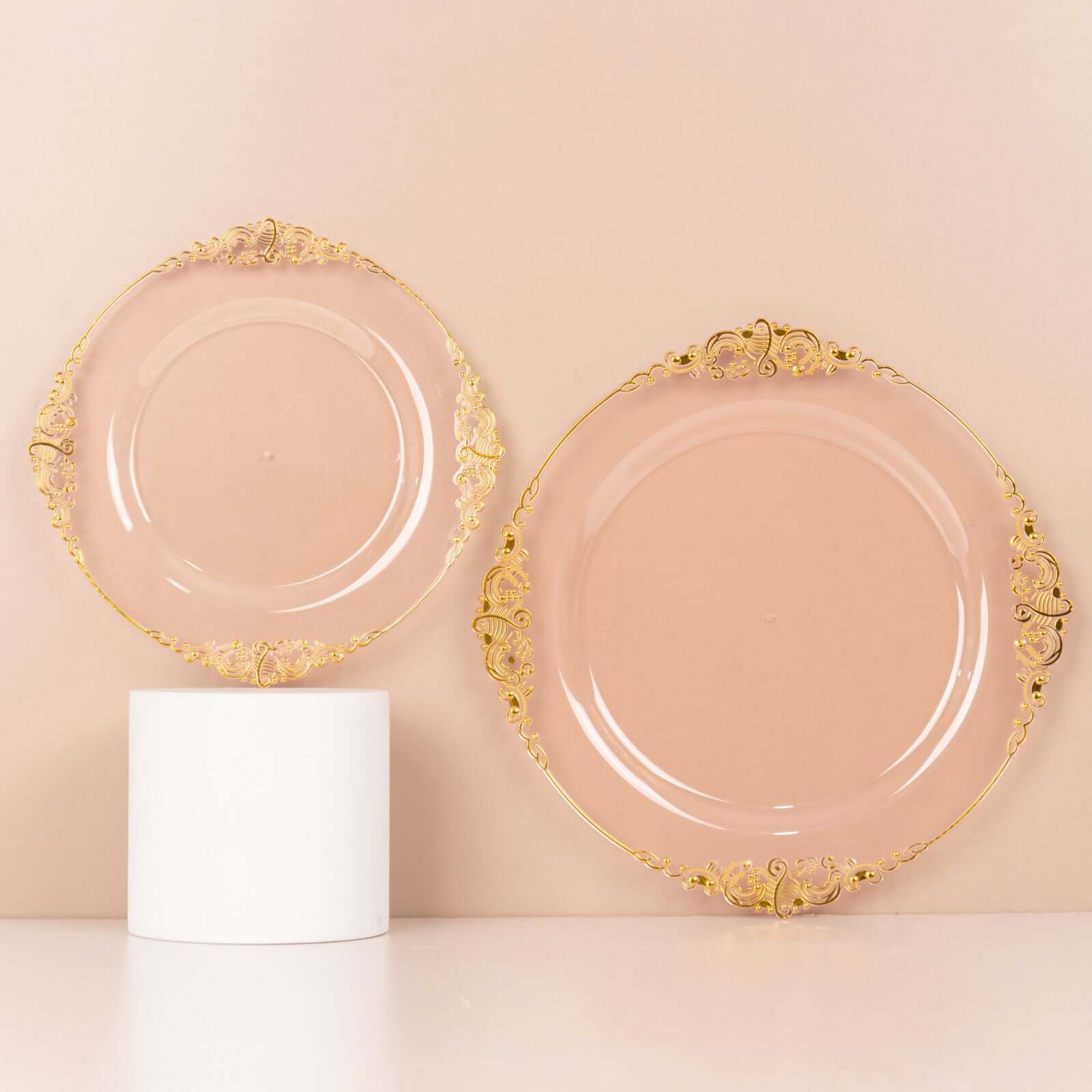 10-Pack Plastic 10 Round Dinner Plates in Transparent Blush with Gold Leaf Embossed Rim - Disposable Vintage Baroque Style Plates