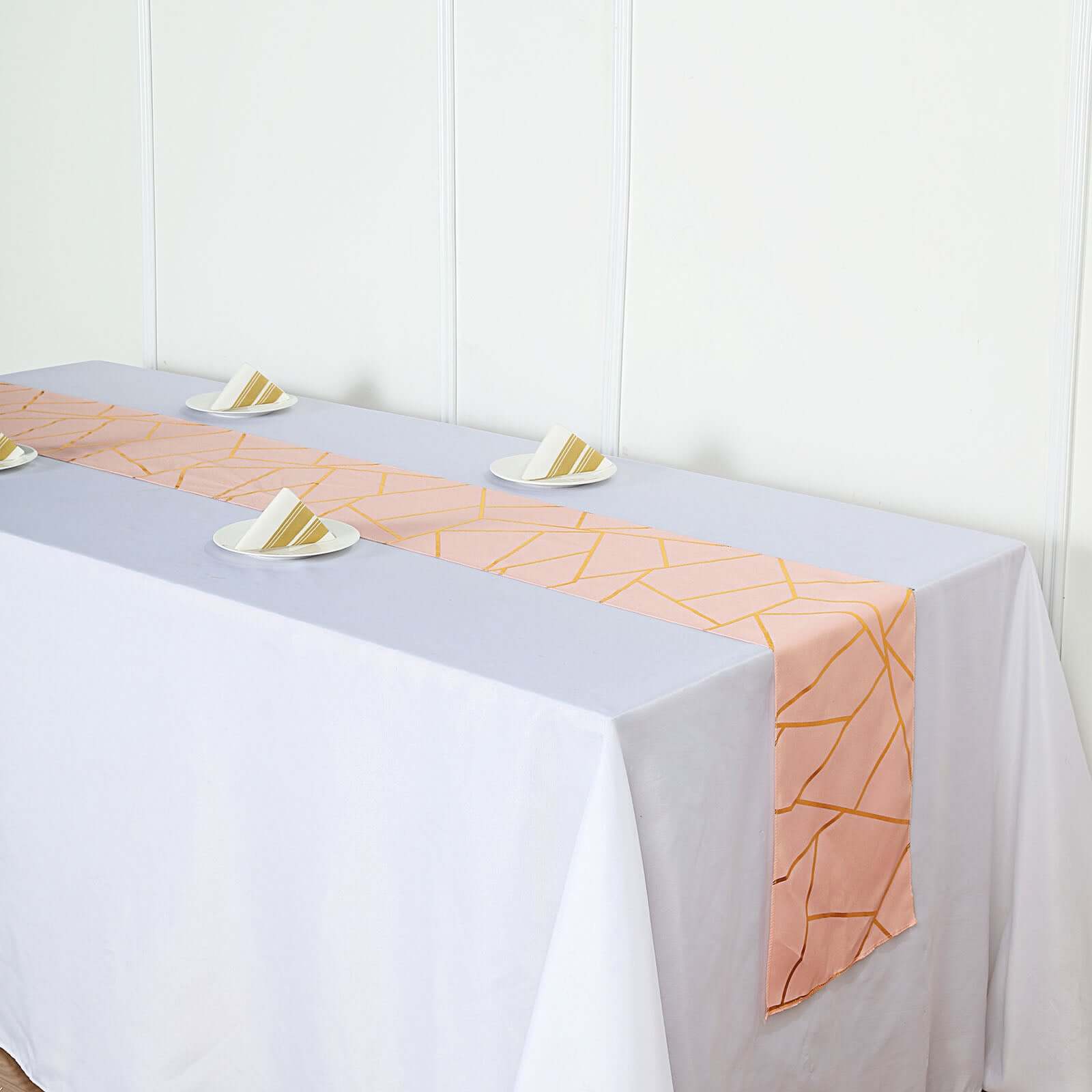 Polyester 9ft Table Runner Blush with Gold Foil Modern Geometric Accent