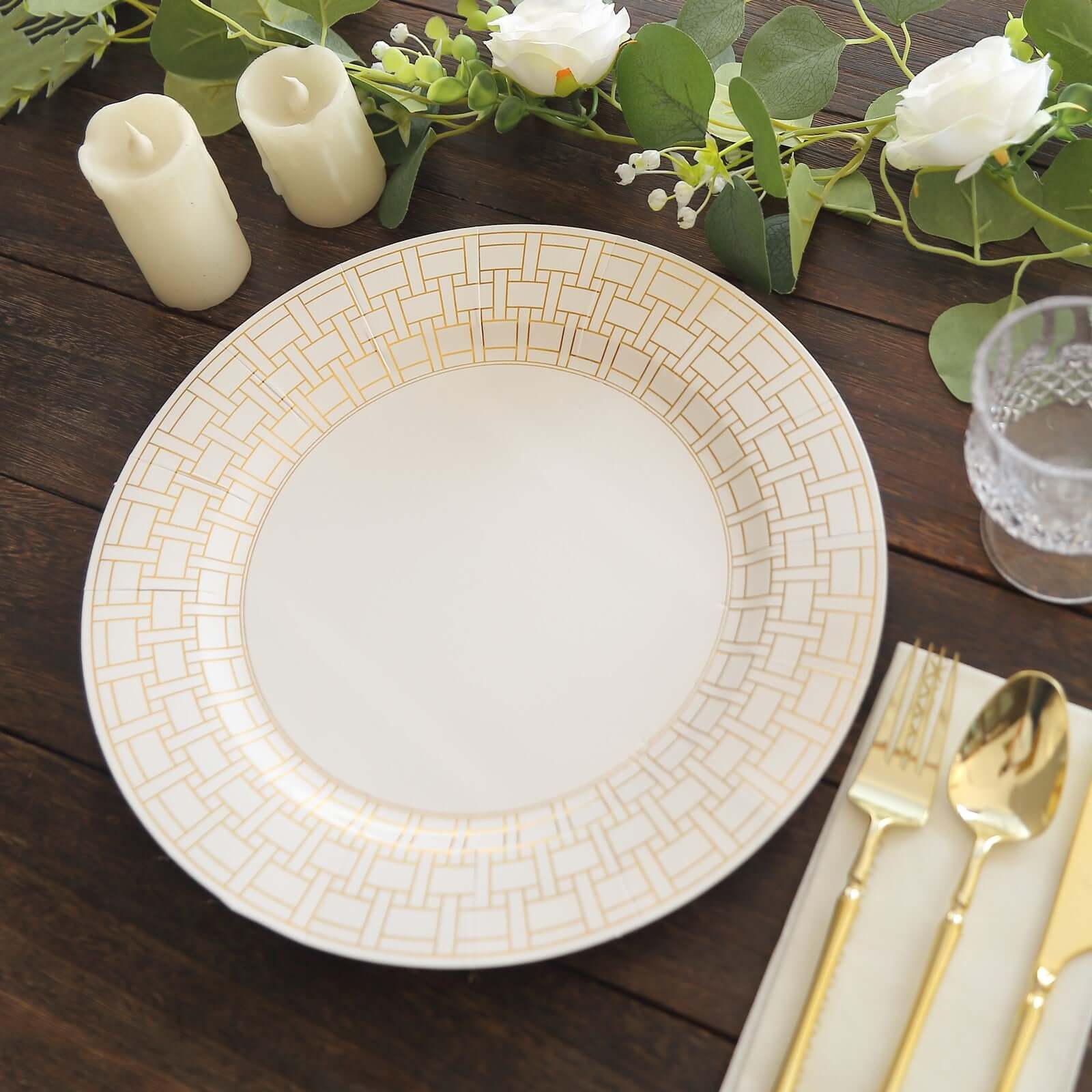 10-Pack Disposable Table Placemats in White with Gold Basketweave Pattern Rim - 650GSM Cardboard Placemats for Weddings & Banquets 13