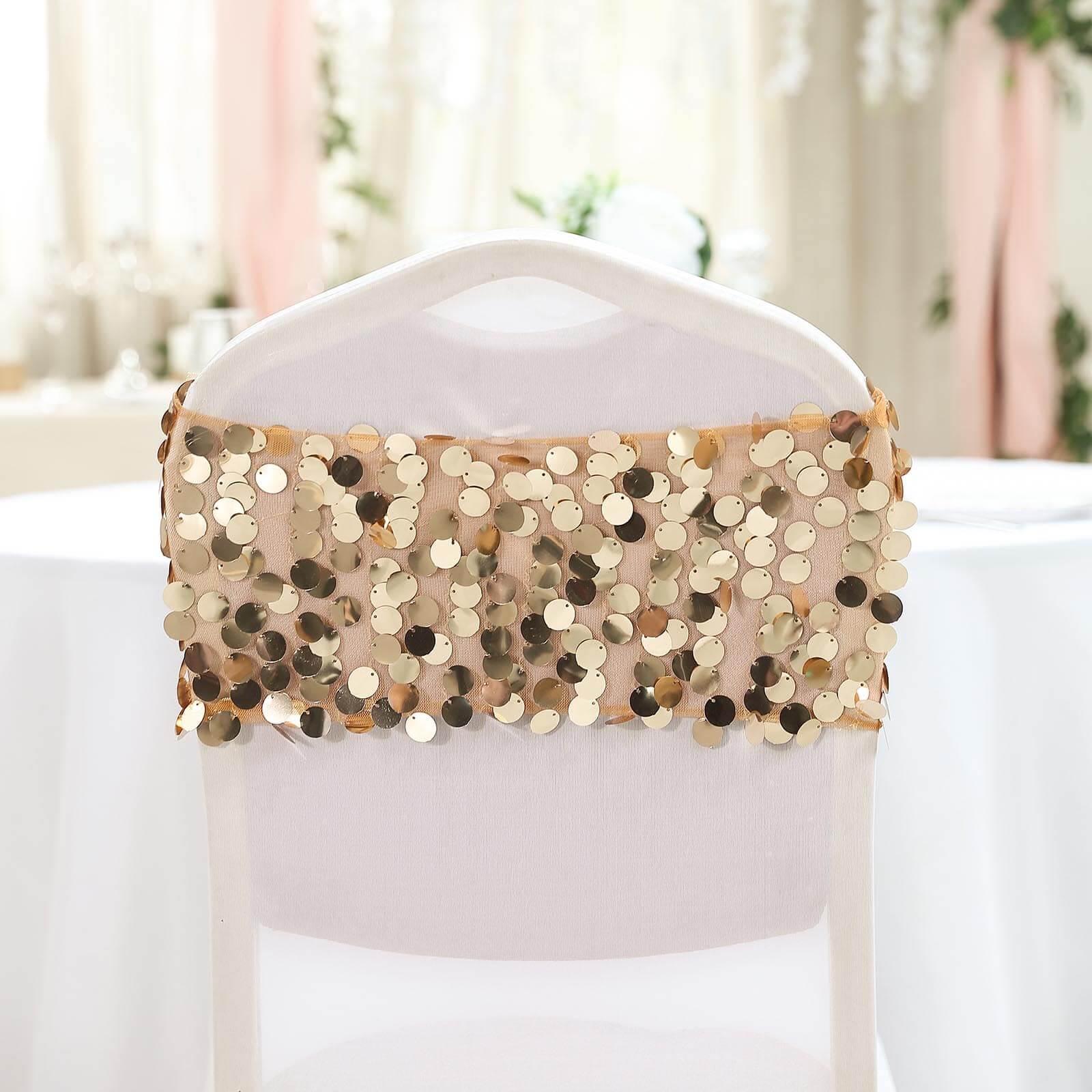 5 Pack Big Payette Sequin 13x10 Chair Sash Bands Gold - Stylish Glittering Decor for Weddings & Gatherings