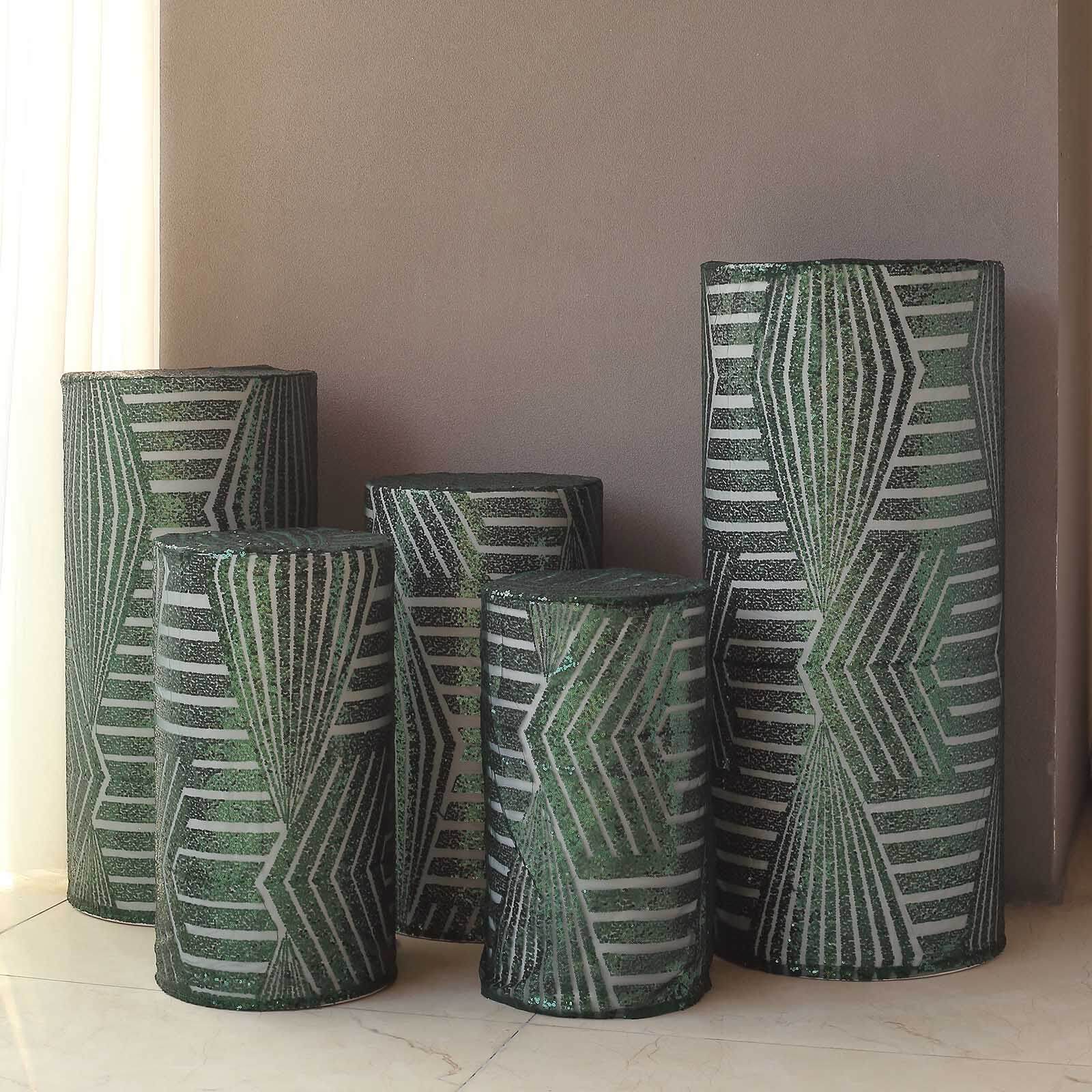 Set of 5 Hunter Emerald Green Sequin Mesh Cylinder Pedestal Stand Covers with Geometric Pattern Embroidery, Sparkly Sheer Tulle Pillar Prop Covers