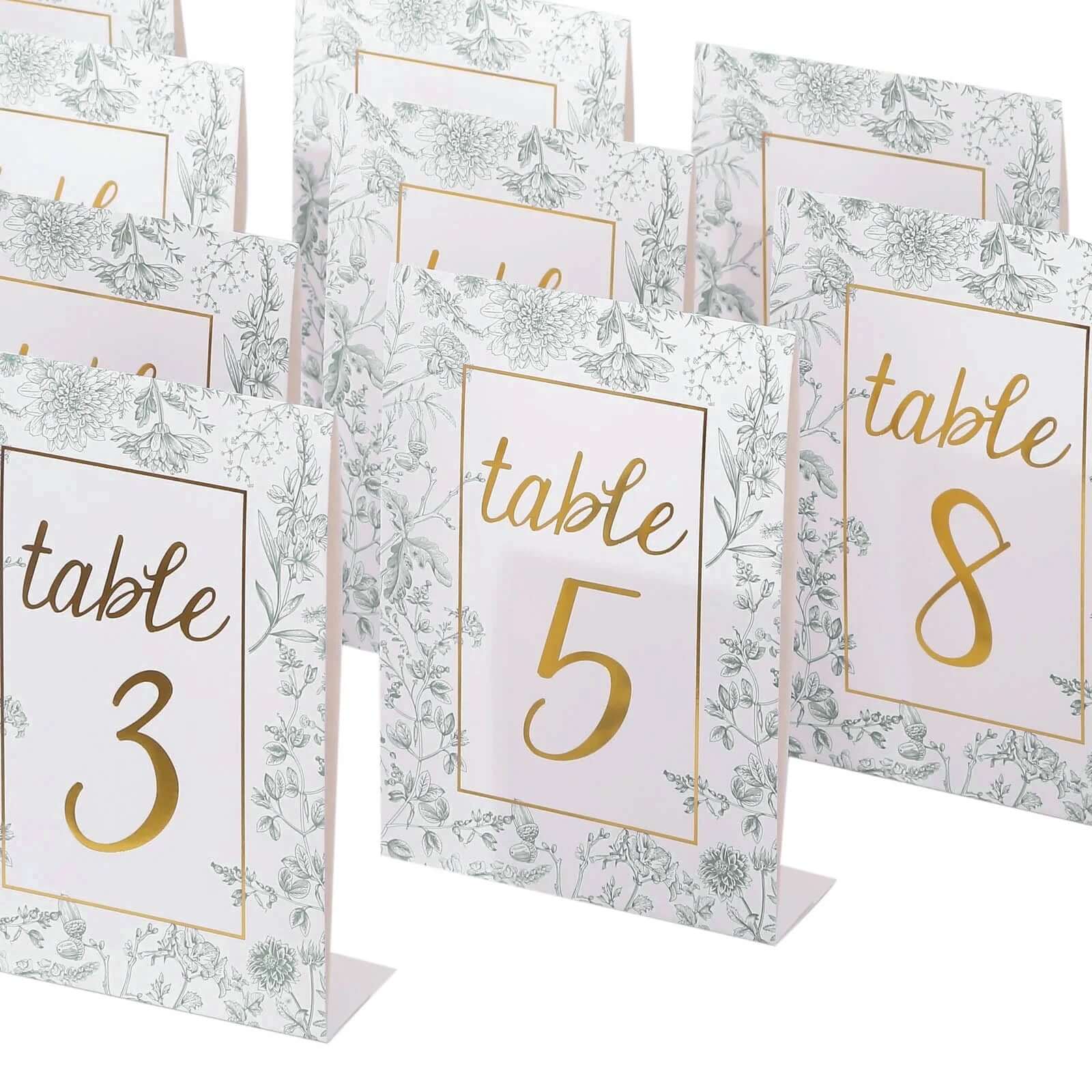 25-Pack Paper Wedding Table Numbers 1-25 White/Sage Green French Toile Design - Free Standing Double Sided Table Signs with Glam Gold Foil Numbers 7