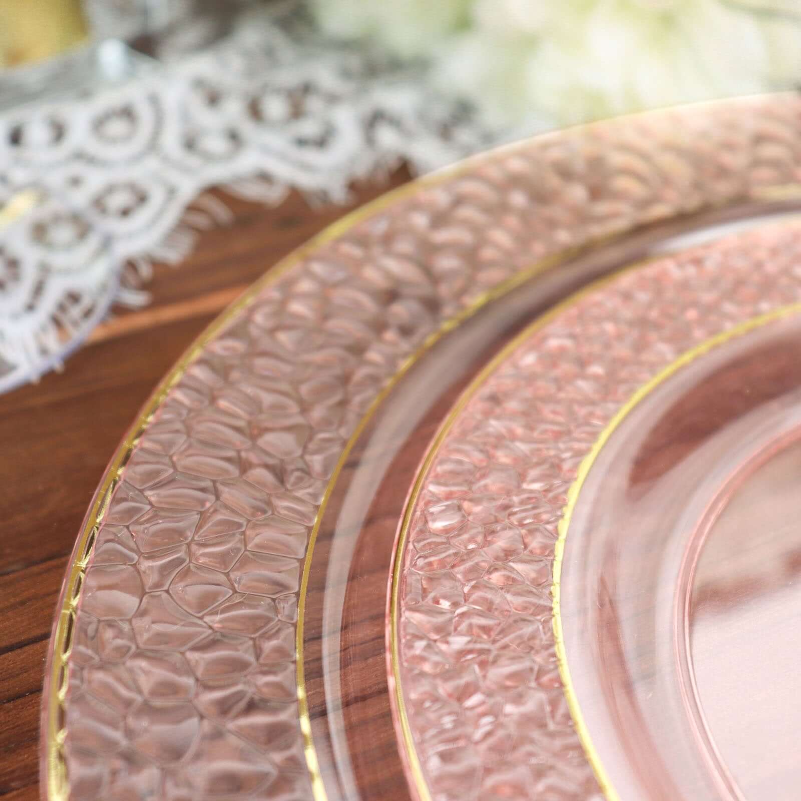 10-Pack Plastic 10 Round Dinner Plates in Blush Hammered Design with Gold Rim - Disposable Party Plates for Chic Banquets & Special Occasions