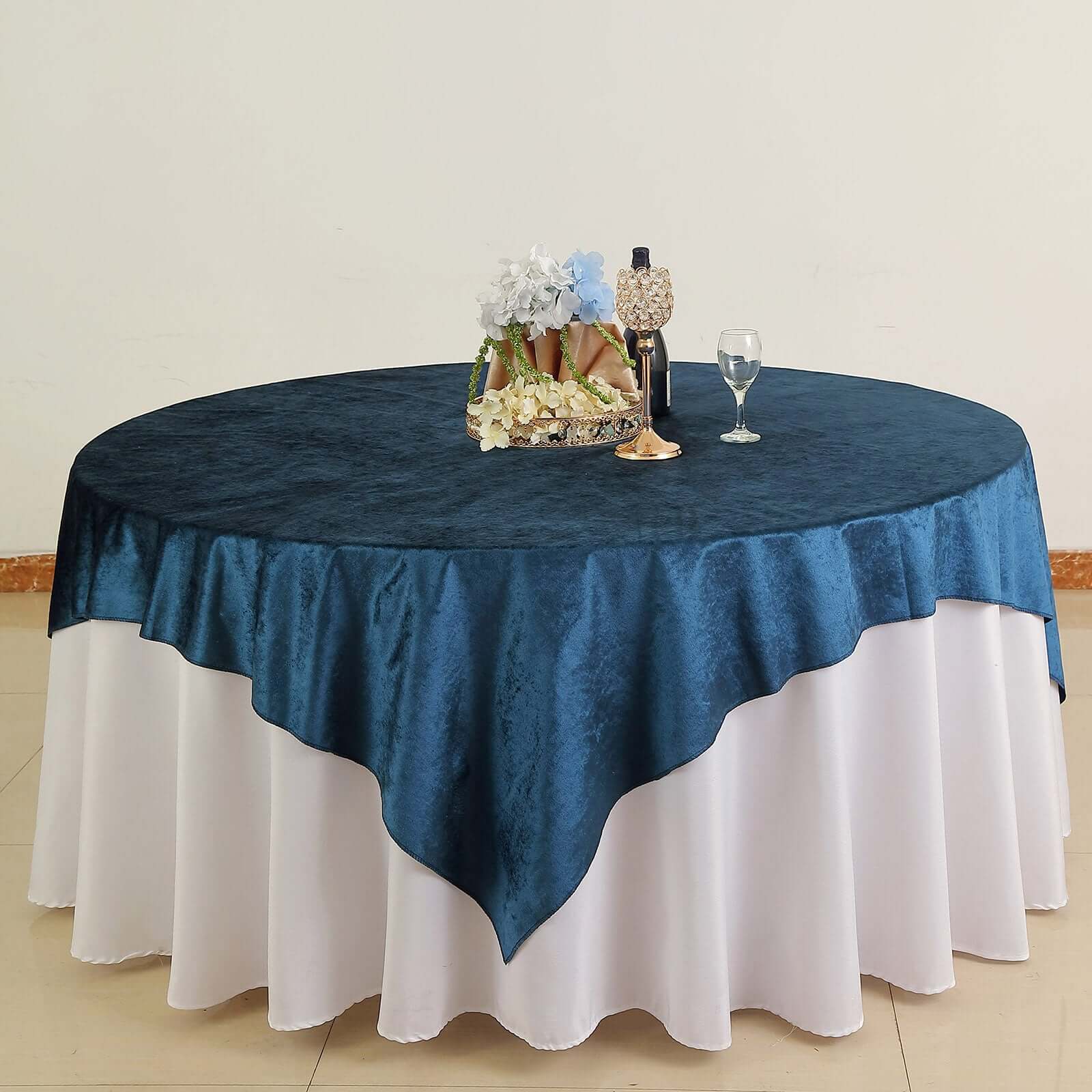 72x72 Navy Blue Premium Soft Velvet Table Overlay, Square Tablecloth Topper