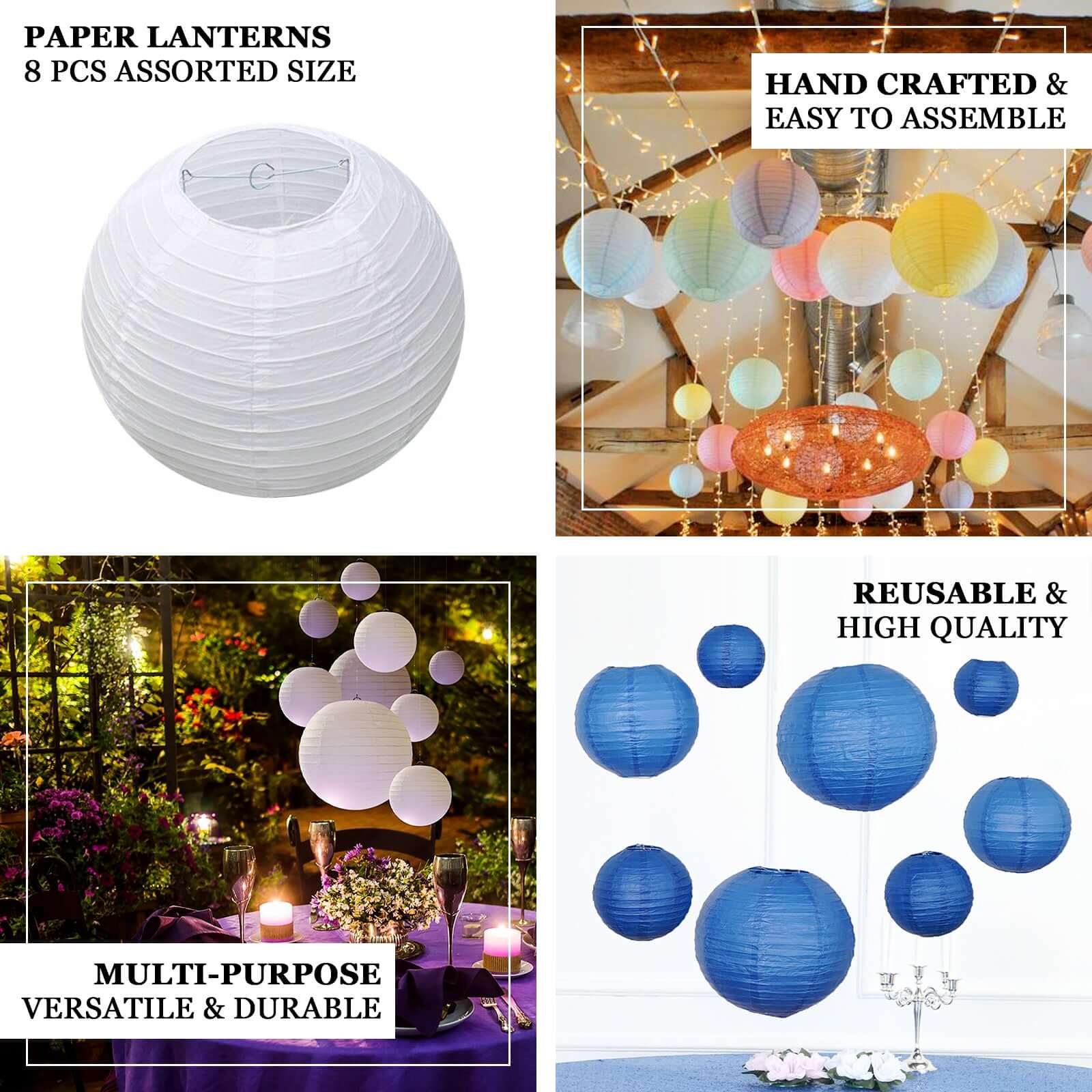 Set of 8 White Hanging Paper Lanterns, Decorative Round Chinese Sky Lanterns, Assorted Sizes  - 6,8,10,14