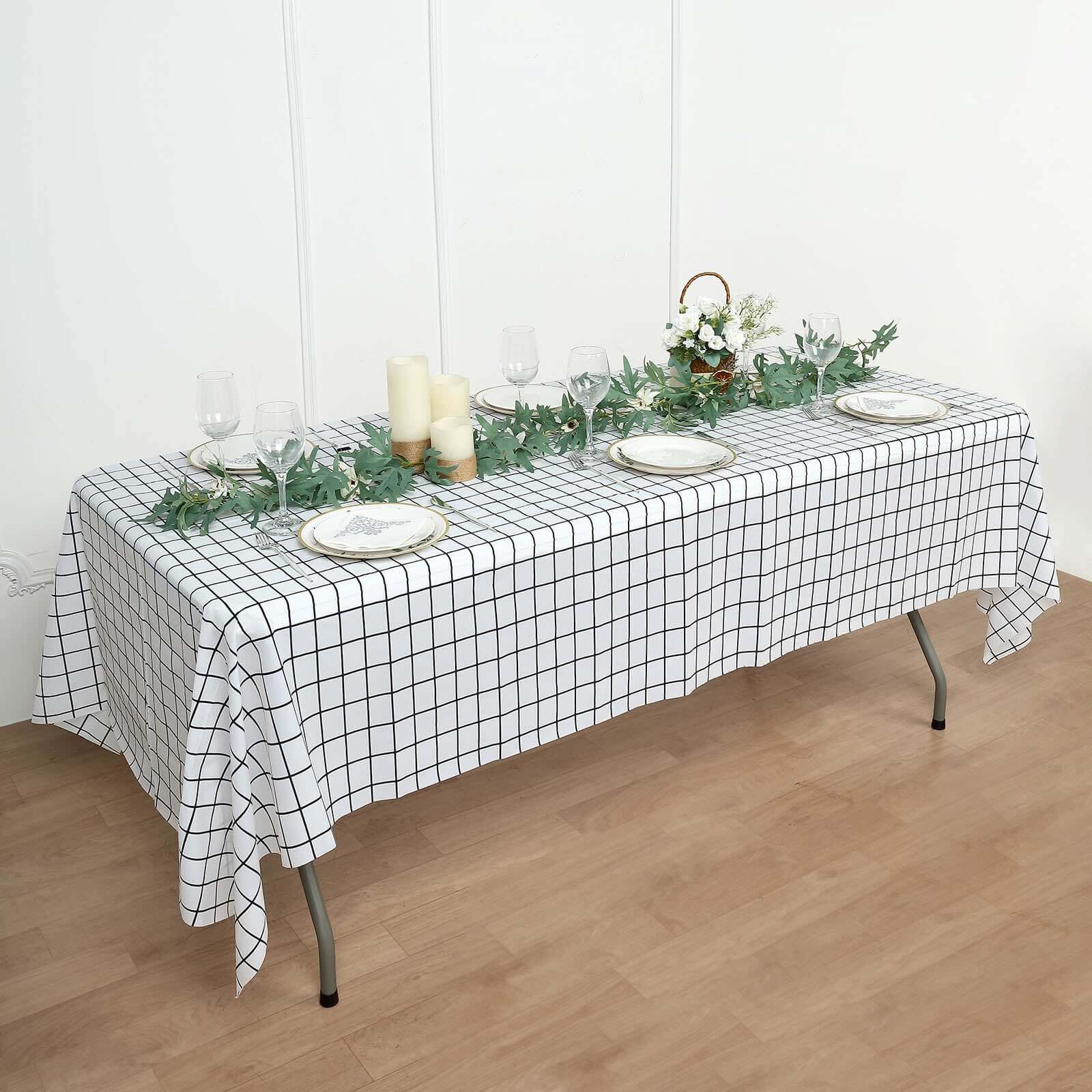 5-Pack Plastic Table Covers Black/White Grid Rectangle - Durable Checkered PVC Disposable Tablecloths 54x108