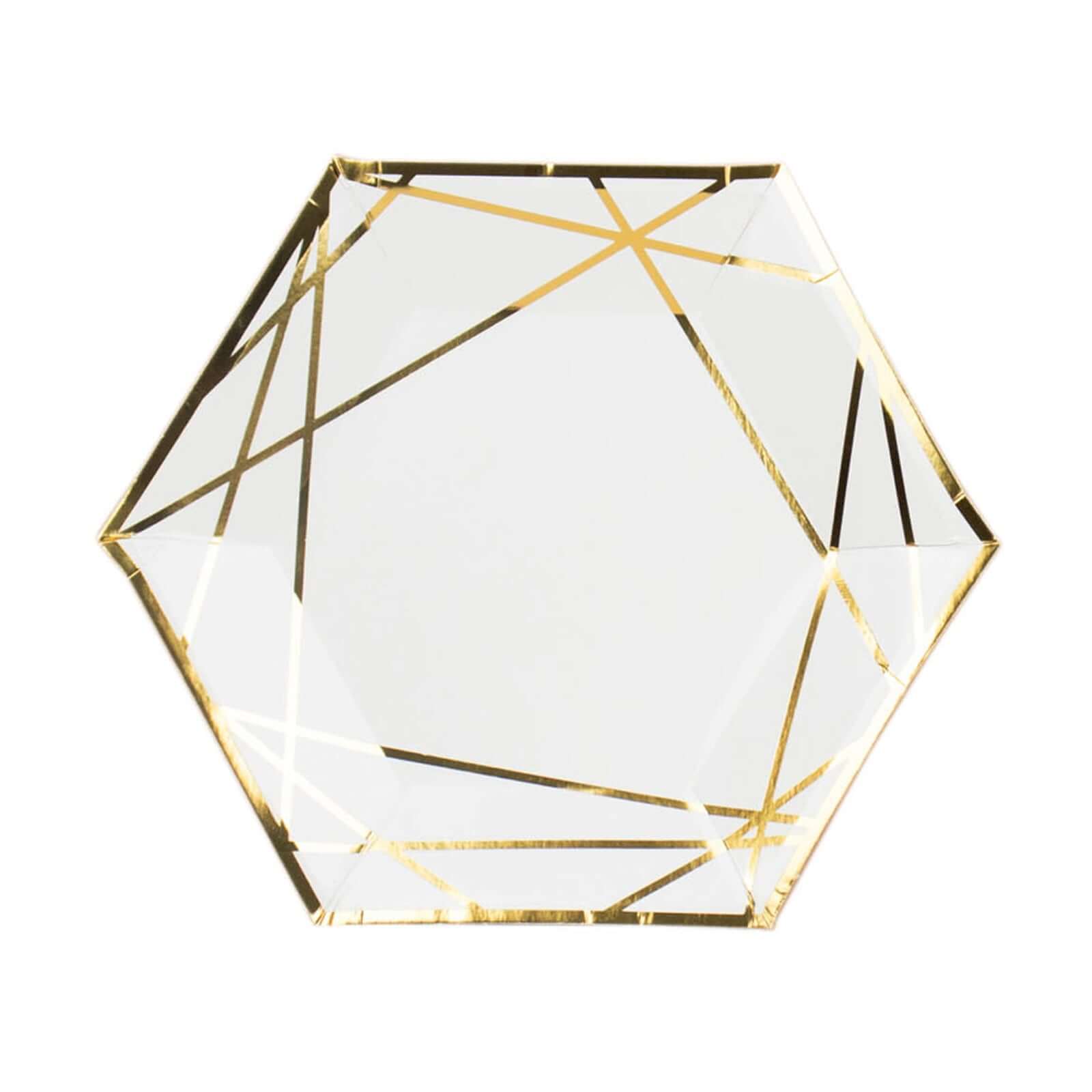 25-Pack Paper 7 Hexagon Dessert Plates in White with Gold Geometric Lines & Rim - Stylish Disposable Geometric 300GSM Appetizer Salad Plates for Events & Banquets