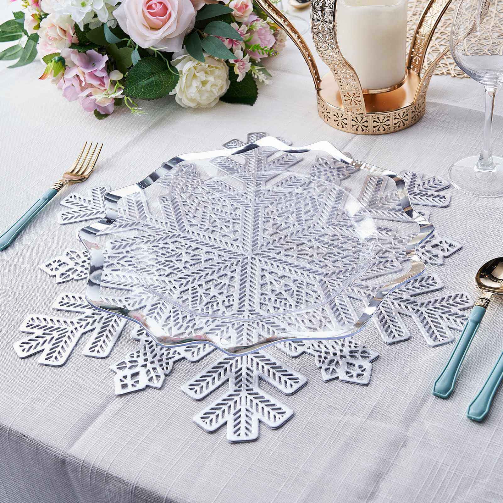 6-Pack Dining Table Mats Snowflake Design Silver - Vinyl Non-Slip Surface for Winter Decor 18