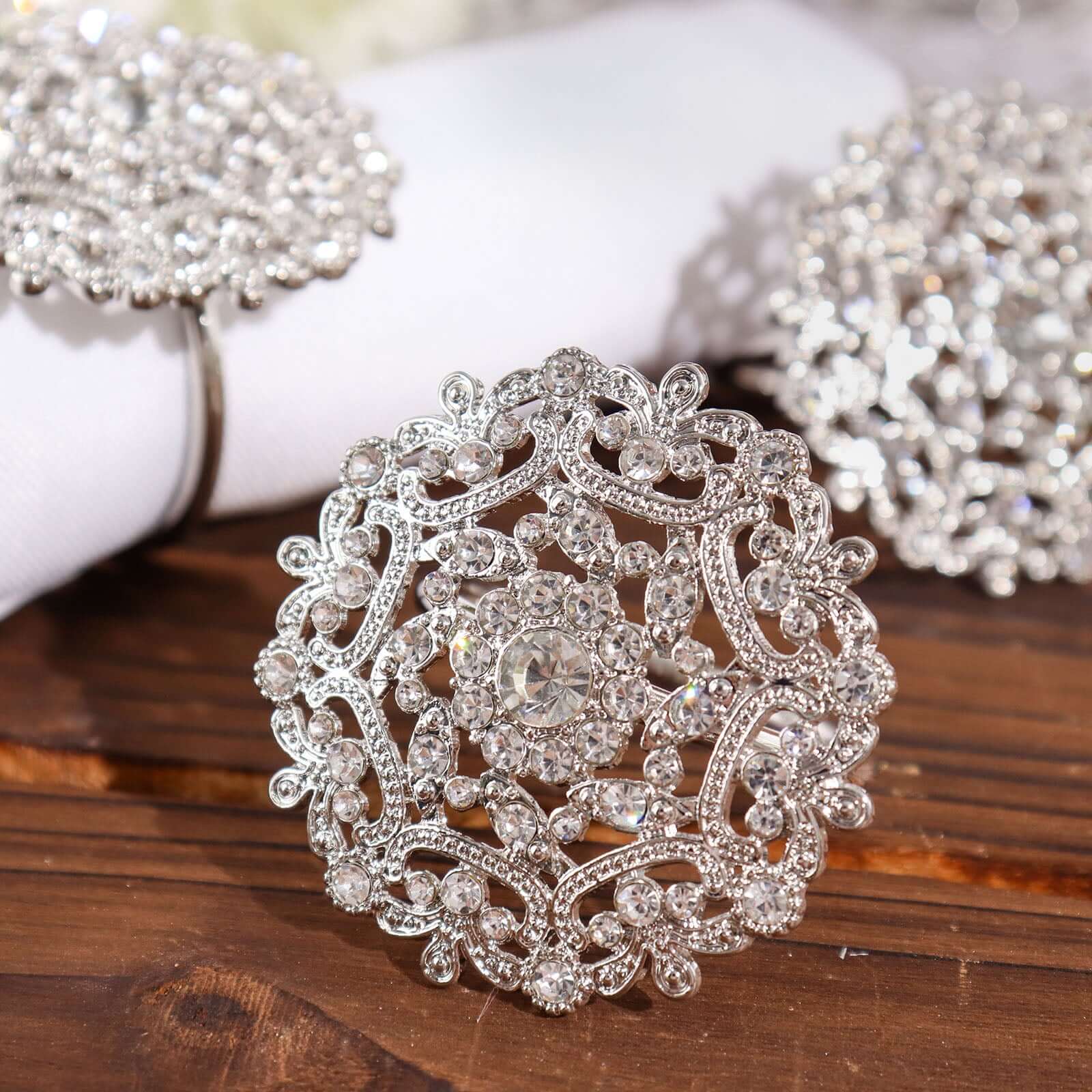 4 Pack Diamond Rhinestone Silver Metal Flower Napkin Rings, Decorative Napkin Buckle Holders