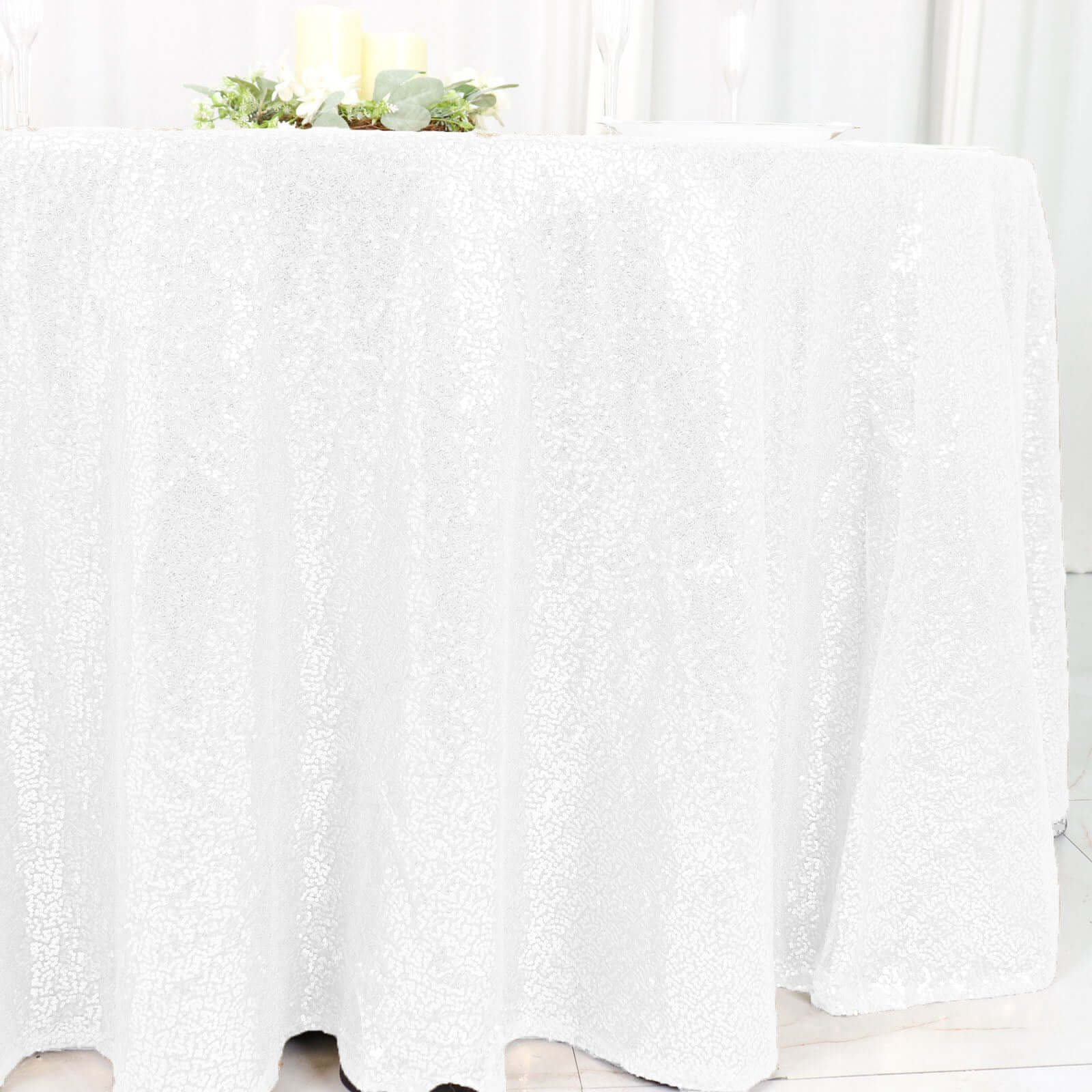 Sequin 120 Round Tablecloth White - Seamless Glittering Design for Sophisticated Events