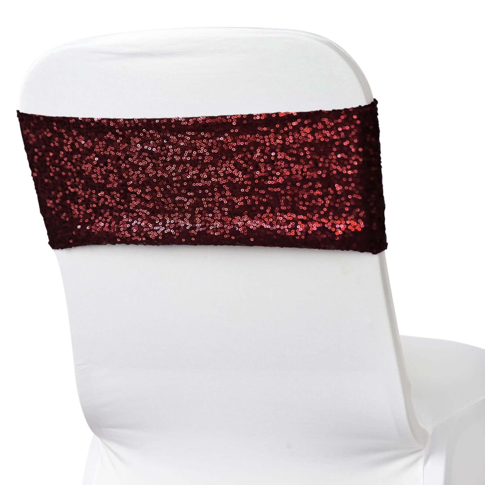 5 Pack Sequin Spandex Chair Sashes Burgundy - Stretch Chair Bands 6x15