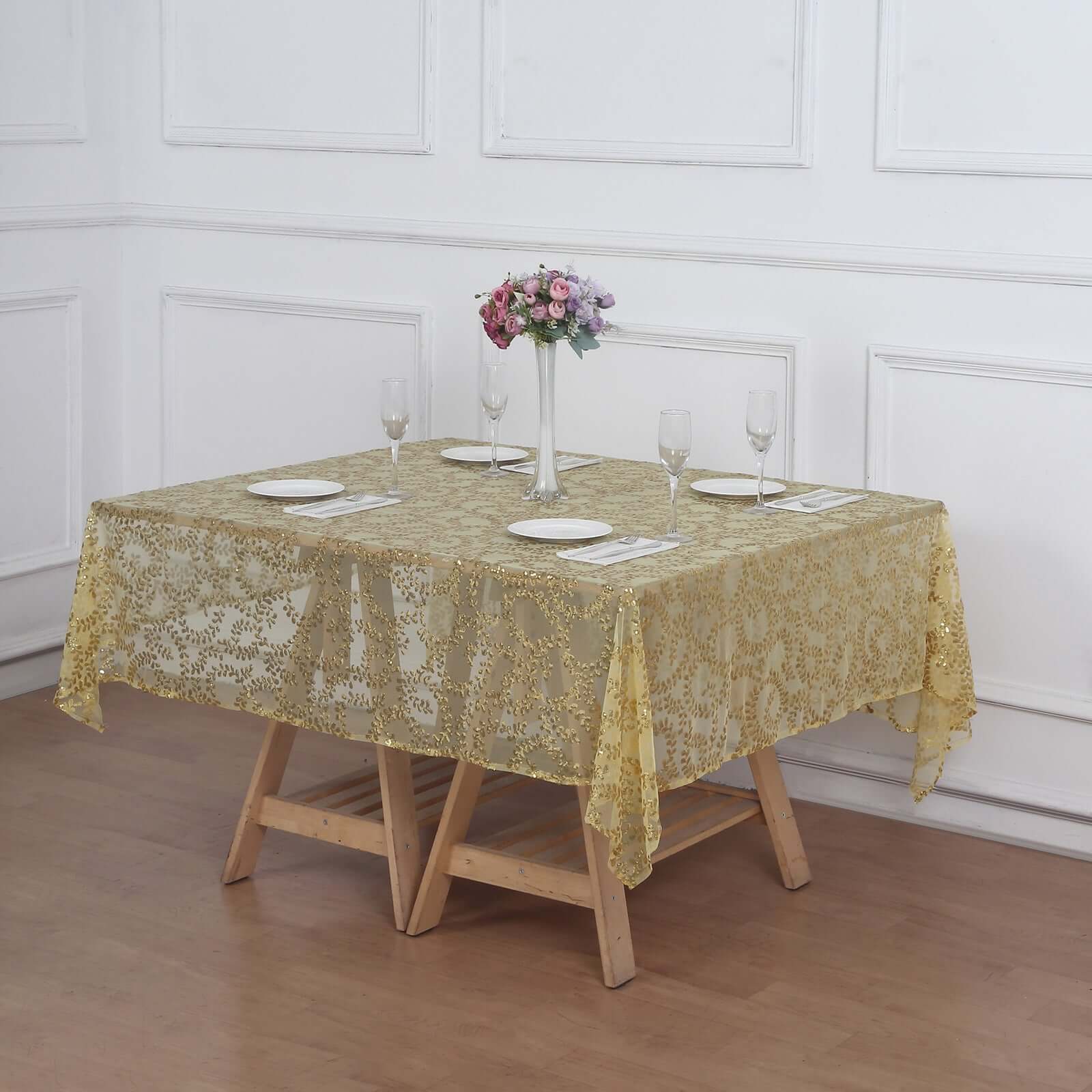 Tulle 72x72 Table Overlay Square Tablecloth Gold - Sequin Leaf Embroidered Design for Stylish Occasions