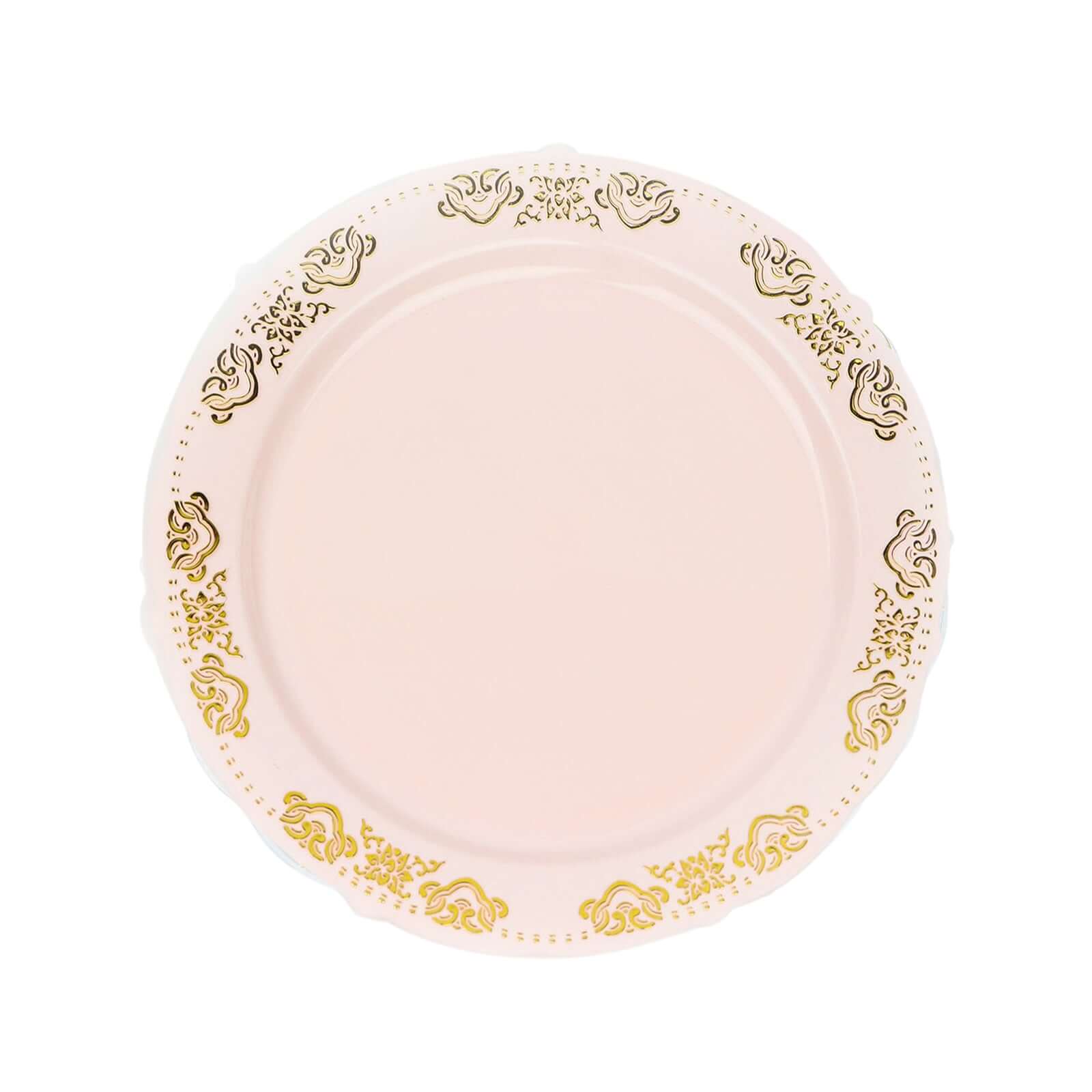 10-Pack Plastic 7.5 Round Appetizer Plates in Blush with Gold Embossed Scalloped Edge - Chic Disposable Salad Plates for Special Occasions & Banquets