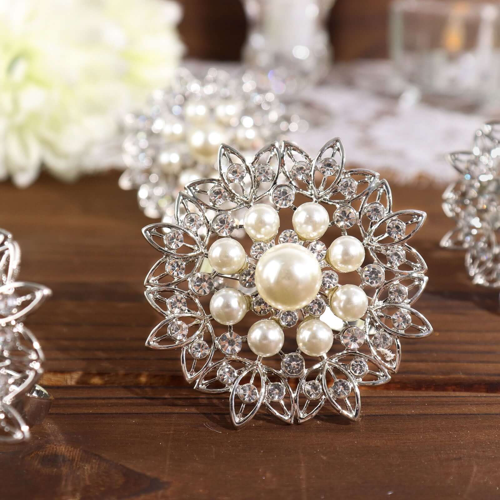 4 Pack Pearl And Diamond Rhinestone Flower Silver Metal Napkin Rings, Decorative Napkin Buckle Holders