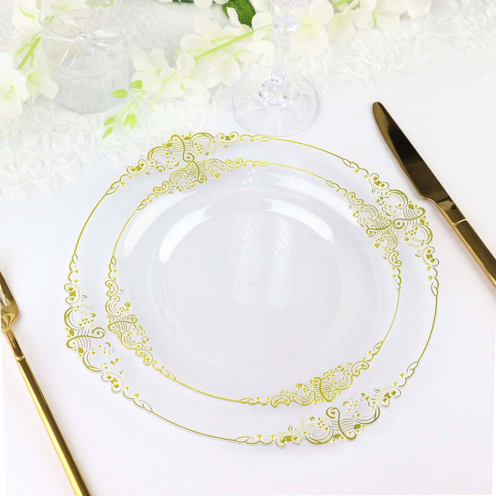10-Pack Plastic 10 Round Dinner Plates in Clear with Gold Leaf Embossed Rim - Disposable Vintage Baroque Style Plates