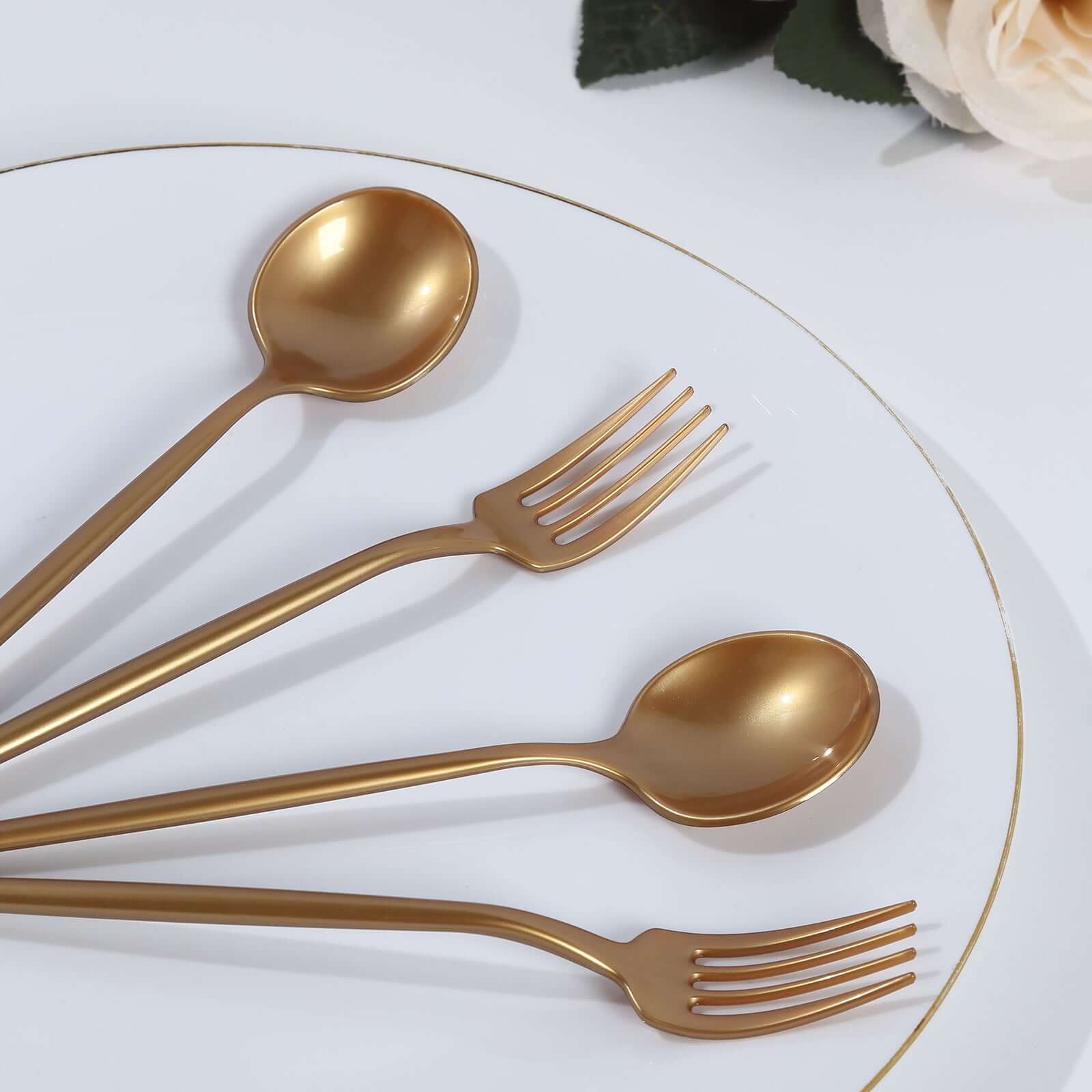 50-Pack Plastic Dessert Forks and Spoons with Gold Shiny Finish - Heavy Duty Disposable Silverware