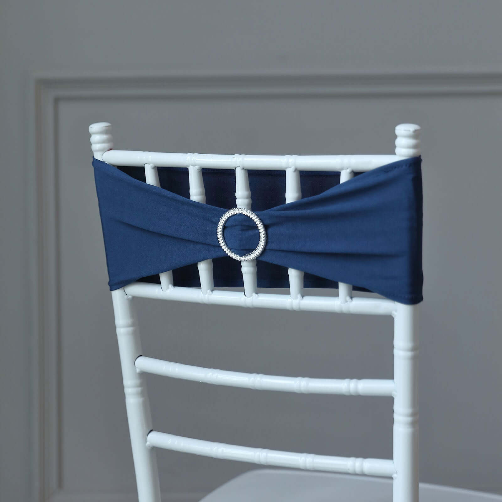 5 Pack Stretch Spandex Chair Sashes Navy Blue - Reusable Chair Bands with Silver Diamond Ring Slide Buckle 5x14