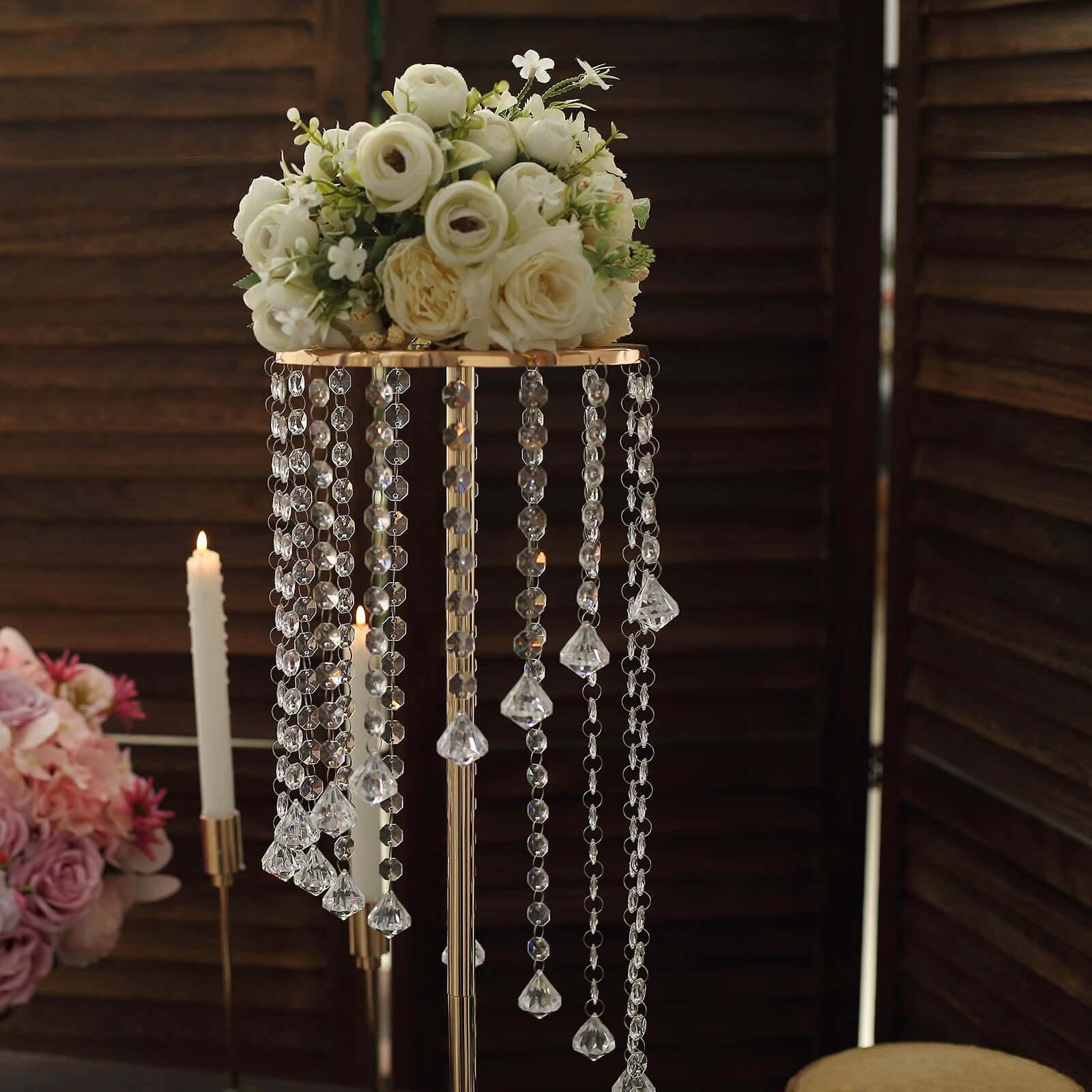 2-Pack Metal Flower Stand Gold with Spiral Hanging Beads - Crystal Pedestal Table Wedding Centerpiece 24