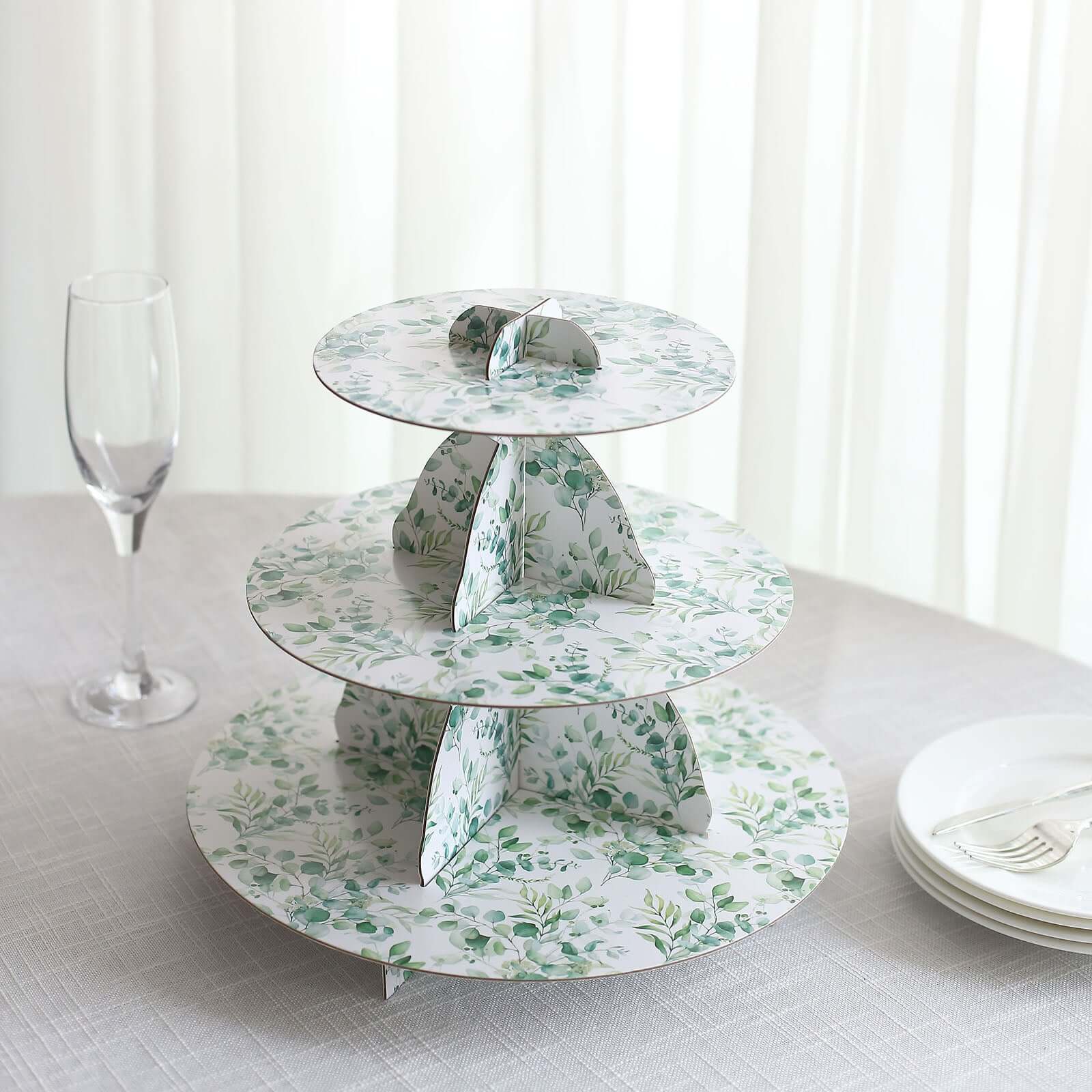 3-Tier Cardboard Cupcake Stand White with Green Eucalyptus Leaves Pattern - Reusable Dessert Display Stand Round Serving Platter for High-Tea Gatherings Weddings & Spring Celebrations 11