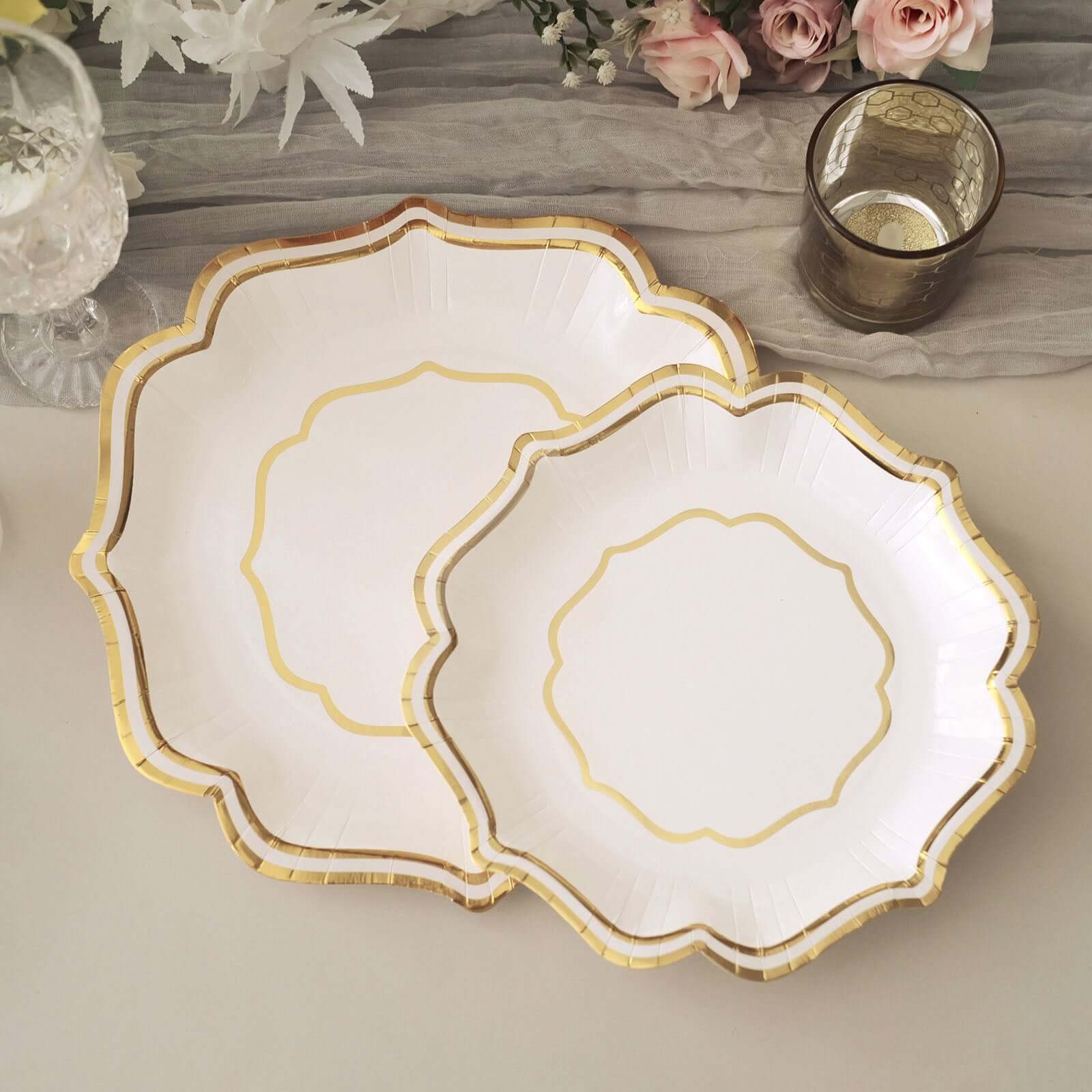 25-Pack Paper Dinner Plates in White with Gold Scallop Rim - Disposable 300GSM Party Plates for Classy Banquets & Celebrations 10