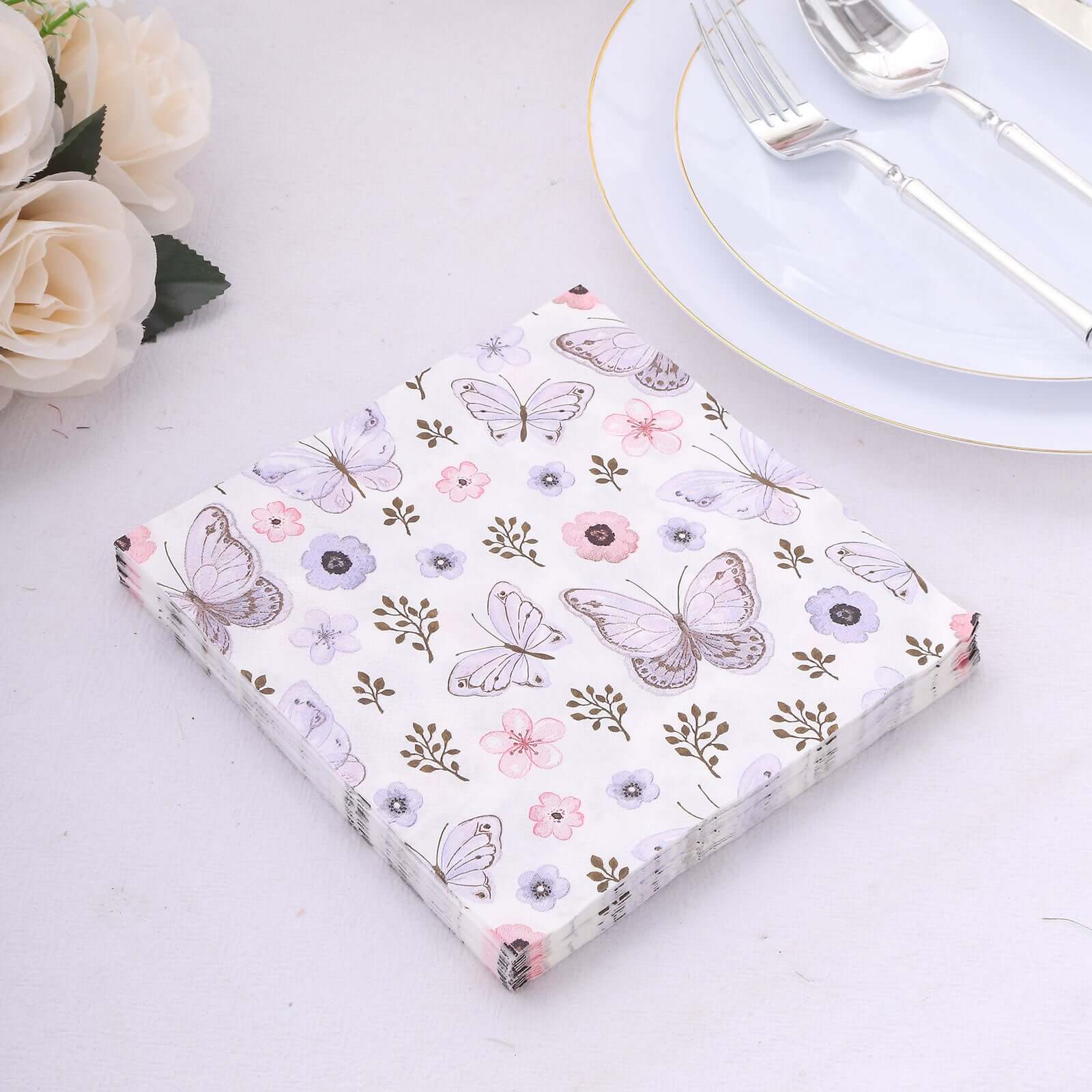 50-Pack Paper Beverage Napkins with Lavender Butterfly Floral Design Ivory - 2 Ply Soft 18GSM Garden Wedding Napkins 6.5x6.5