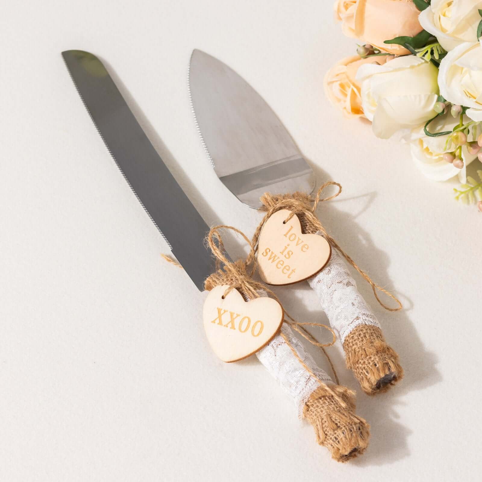 Stainless Steel Cake Knife and Server Set with Natural Rustic Jute Lace - Pre-Packed Wedding Party Favors in Gift Box