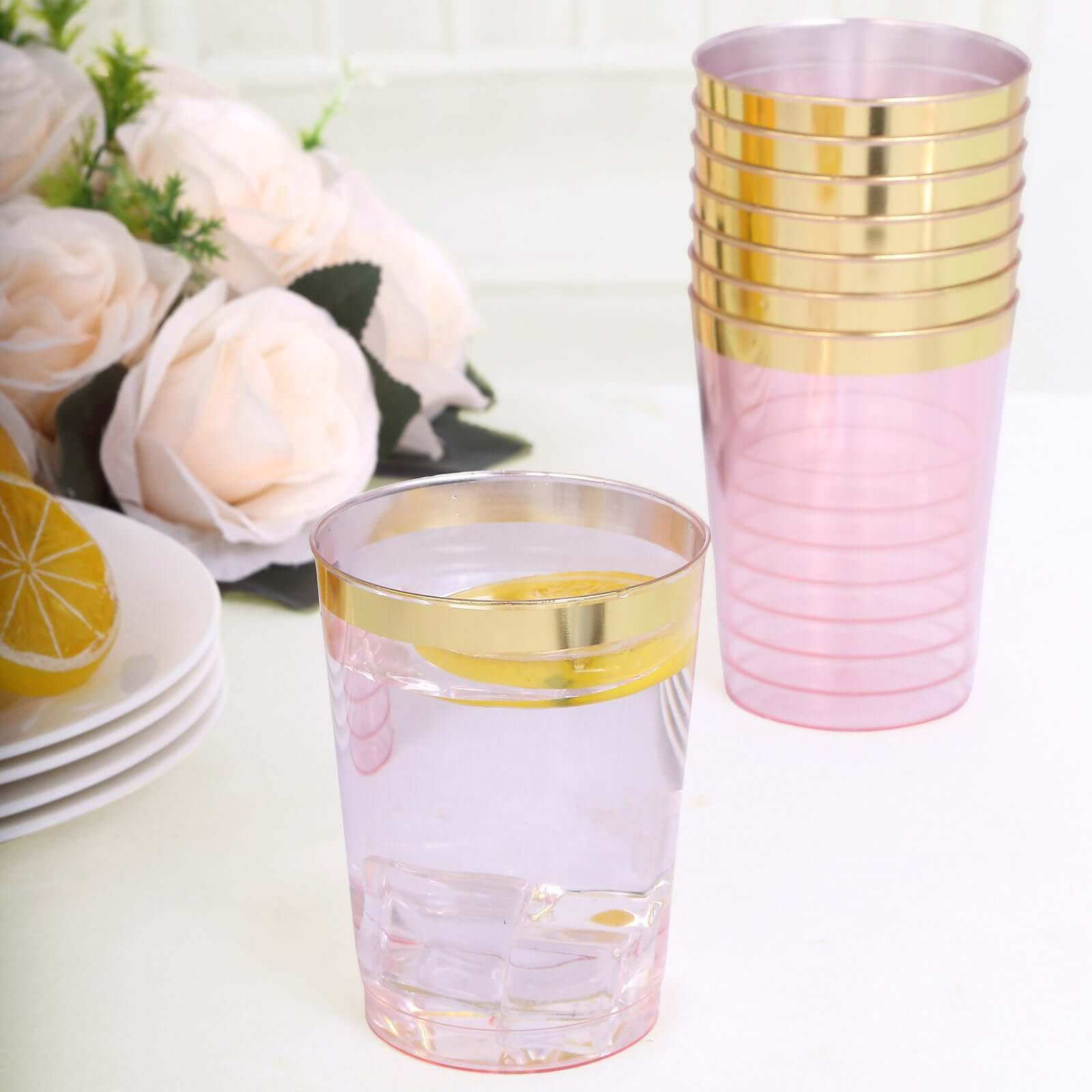 25-Pack Plastic Tumbler Cups Transparent Blush with Gold Rim - Stylish Disposable Party Glasses 10oz