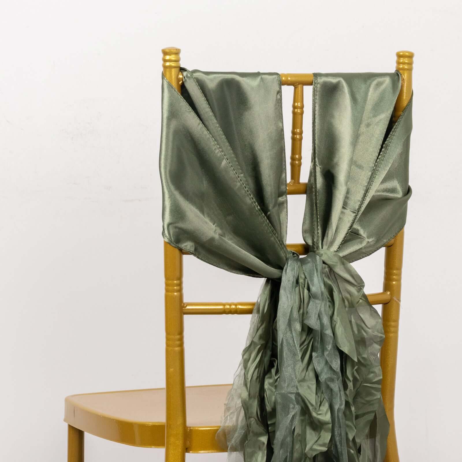 5 Pack Chiffon Satin Chair Sashes Dusty Sage Green - Easy to Install Ruffled Curly Willow