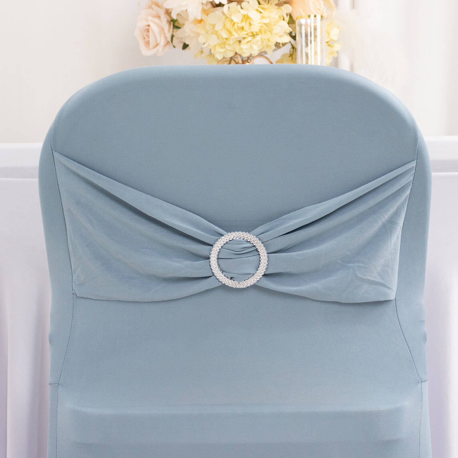 Stretch Spandex Chair Cover Dusty Blue for Folding Chairs - Secure Fit Slipcover with Silver Rhinestone Buckled Sash Band