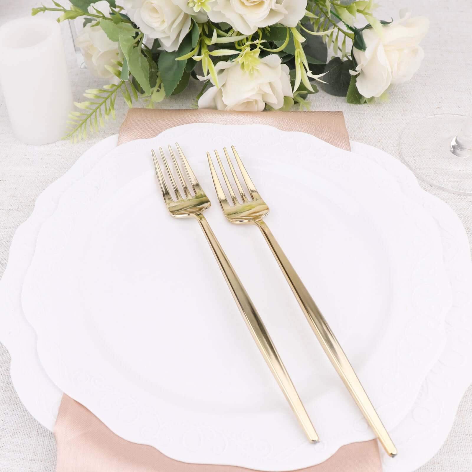24 Pack 8 Glossy Gold Heavy Duty Plastic Silverware Forks Cutlery, Premium Disposable Sleek Flatware