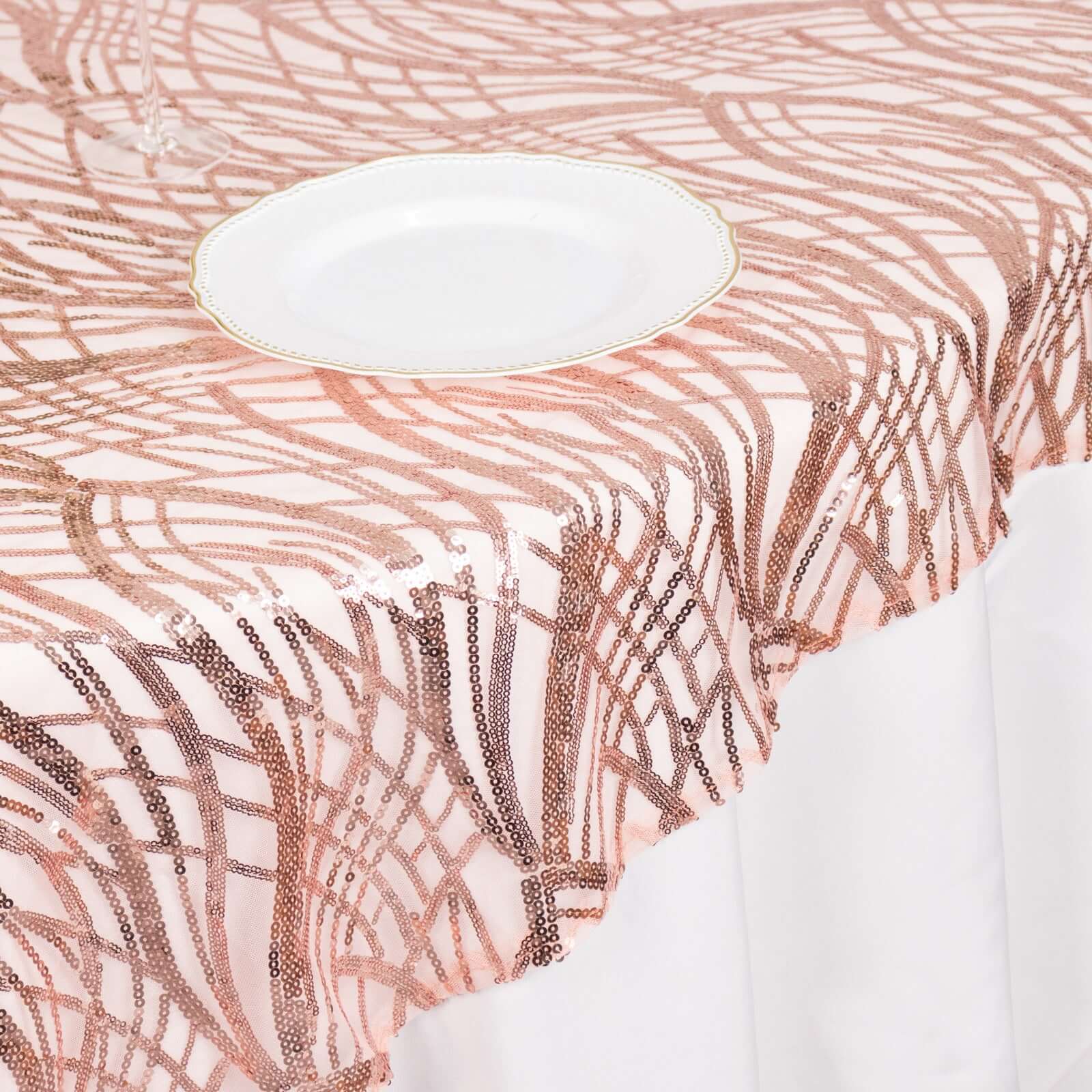 Mesh 72x72 Table Overlay Square Tablecloth Blush - Wave Embroidered Sequins Table Topper