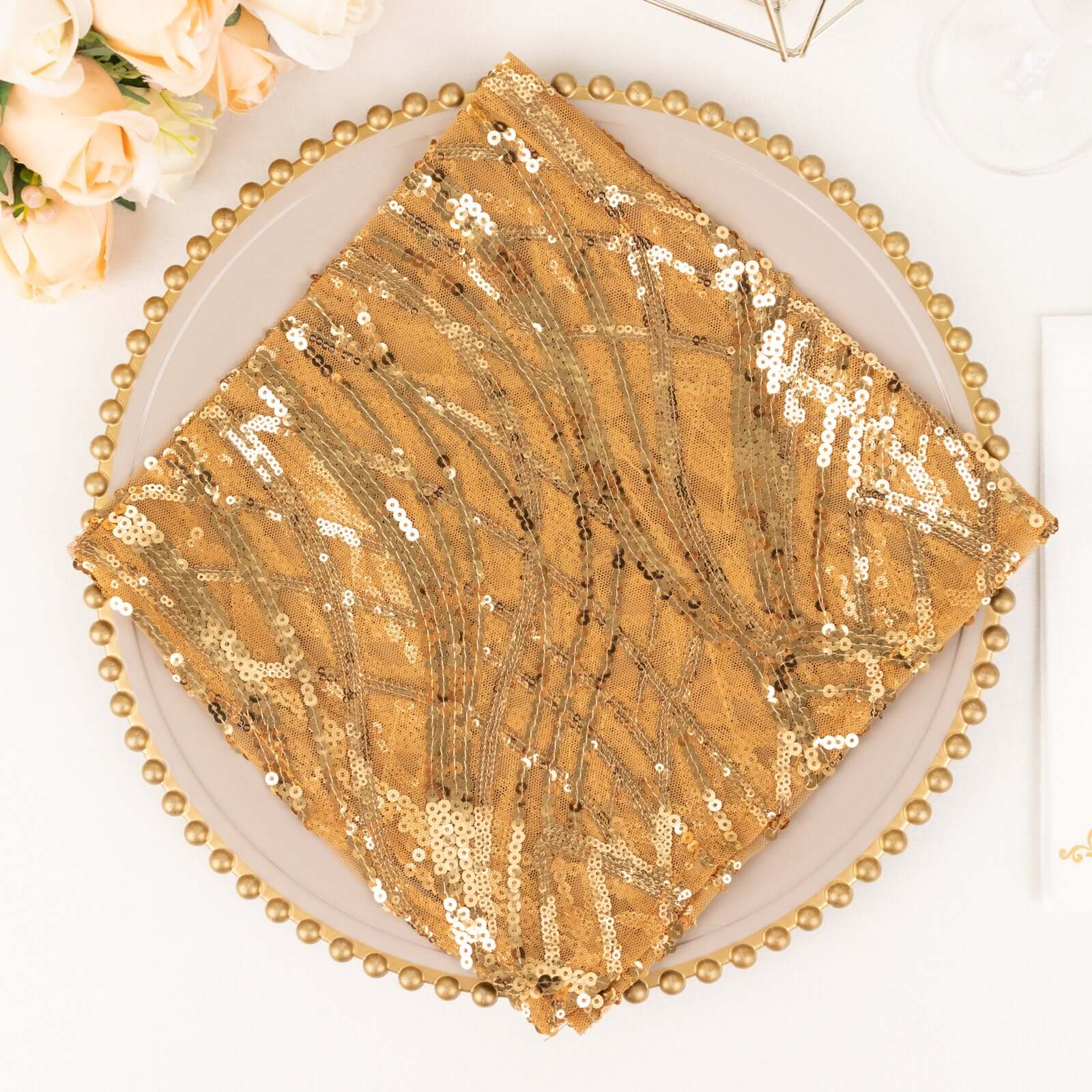 Sequin Mesh 20x20 Napkin Gold - Wave Embroidered Reusable Cloth Napkin for Glitzy Table Settings